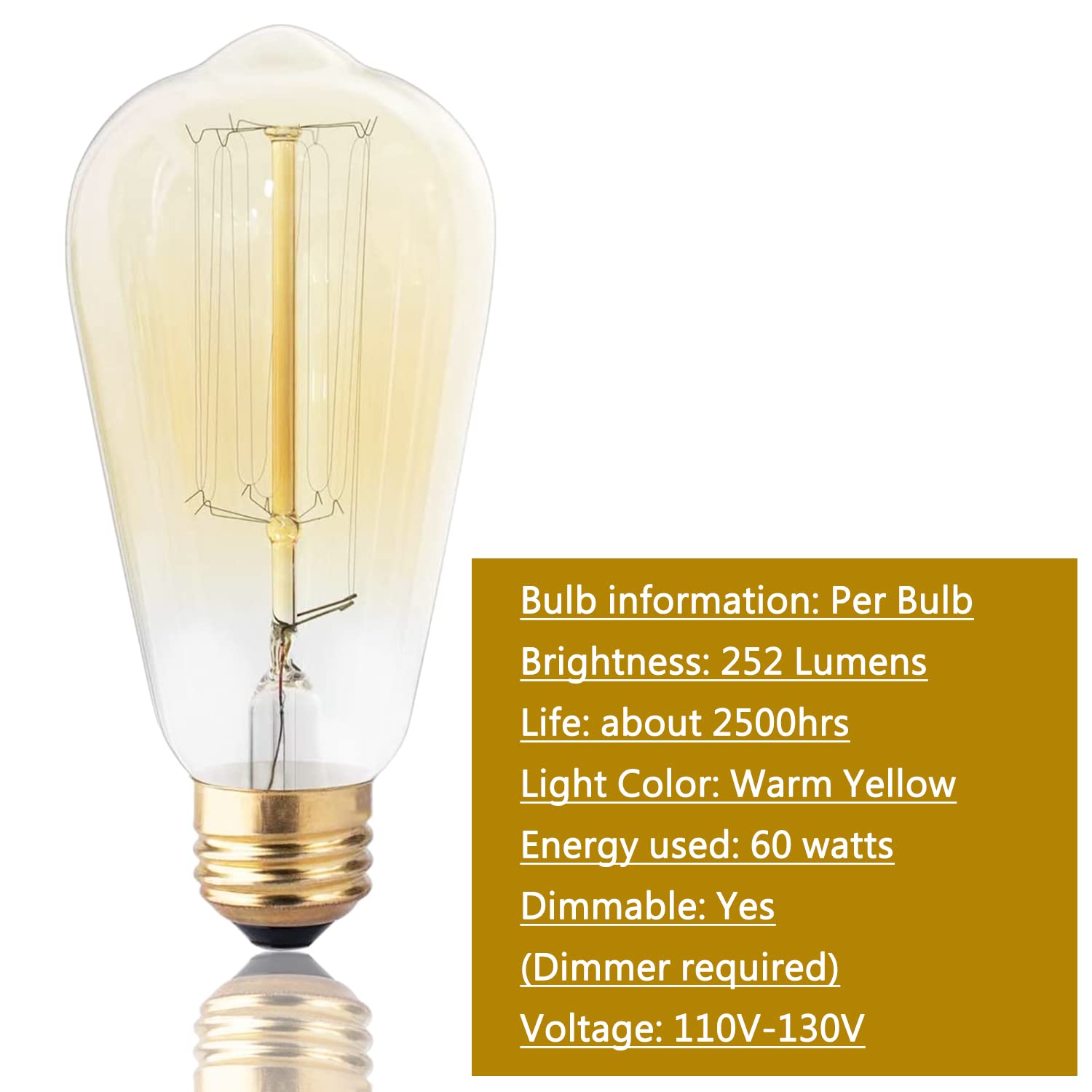 Dsyj Vintage 60W Incandescent Light Bulbs E26 Base Dimmable, Warm White, 252 Lumens, 1 Count, Model Dsyj-515182