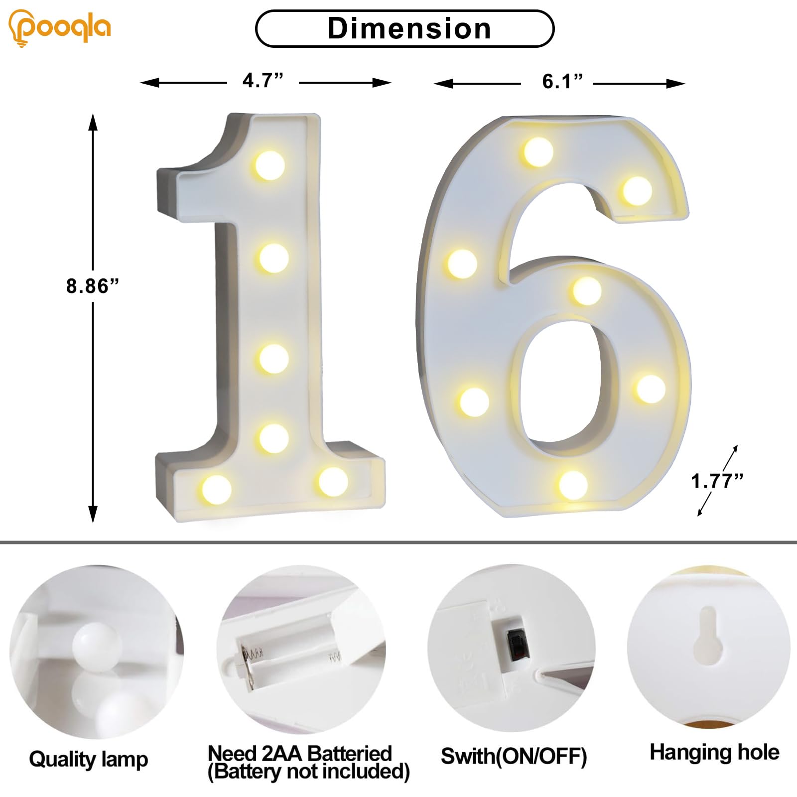 Pooqla Decorative Led Light Up Number Letters, White Plastic Marquee Number Lights Sign For 16Th Birthday Party Wedding Decor Battery Operated Number (16)