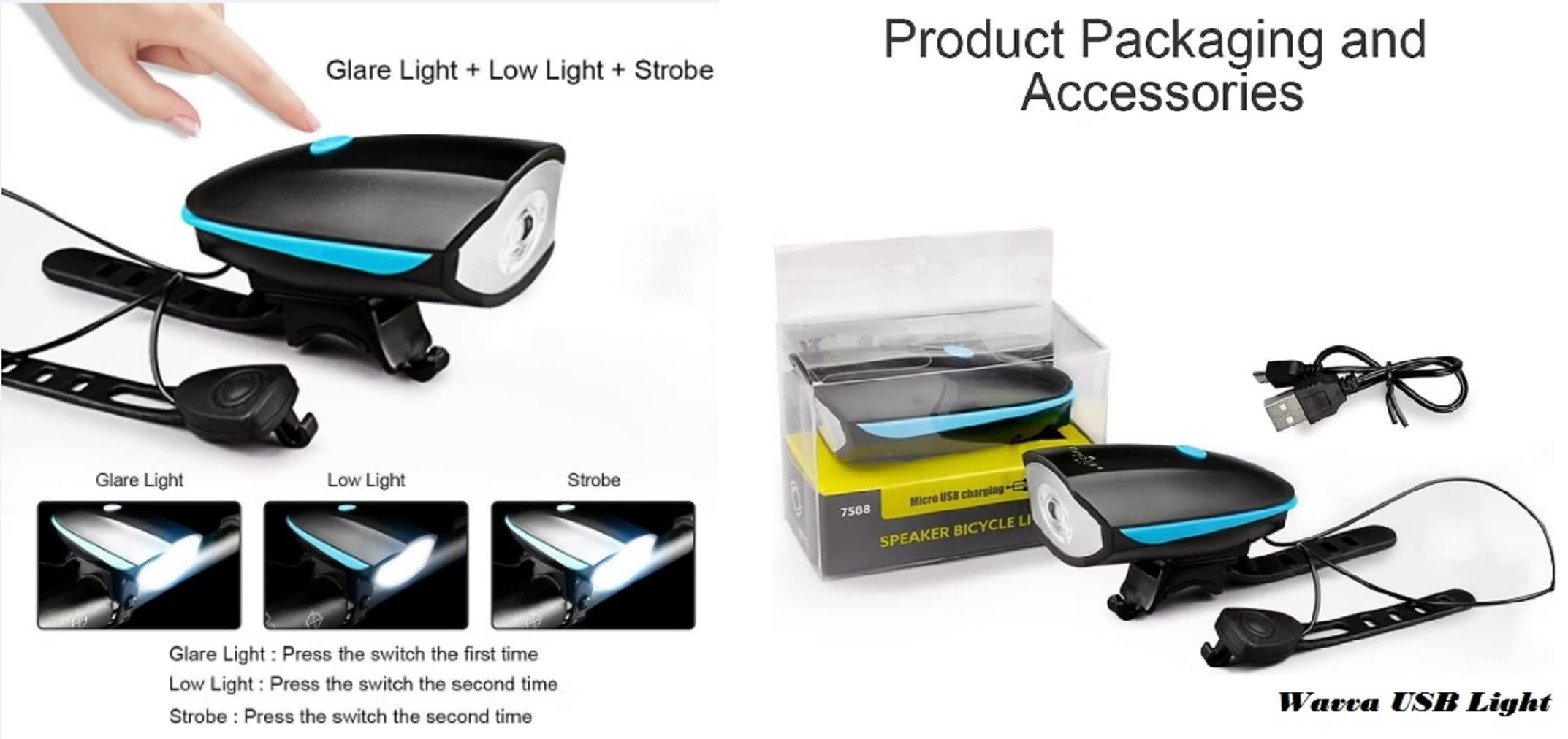 Wavva 2-in-1 Rechargeable - Cycle Light (3 Modes) Cycle Light and Horn Cycle Lights Rechargeable Waterproof (140 dB) Cycle Light