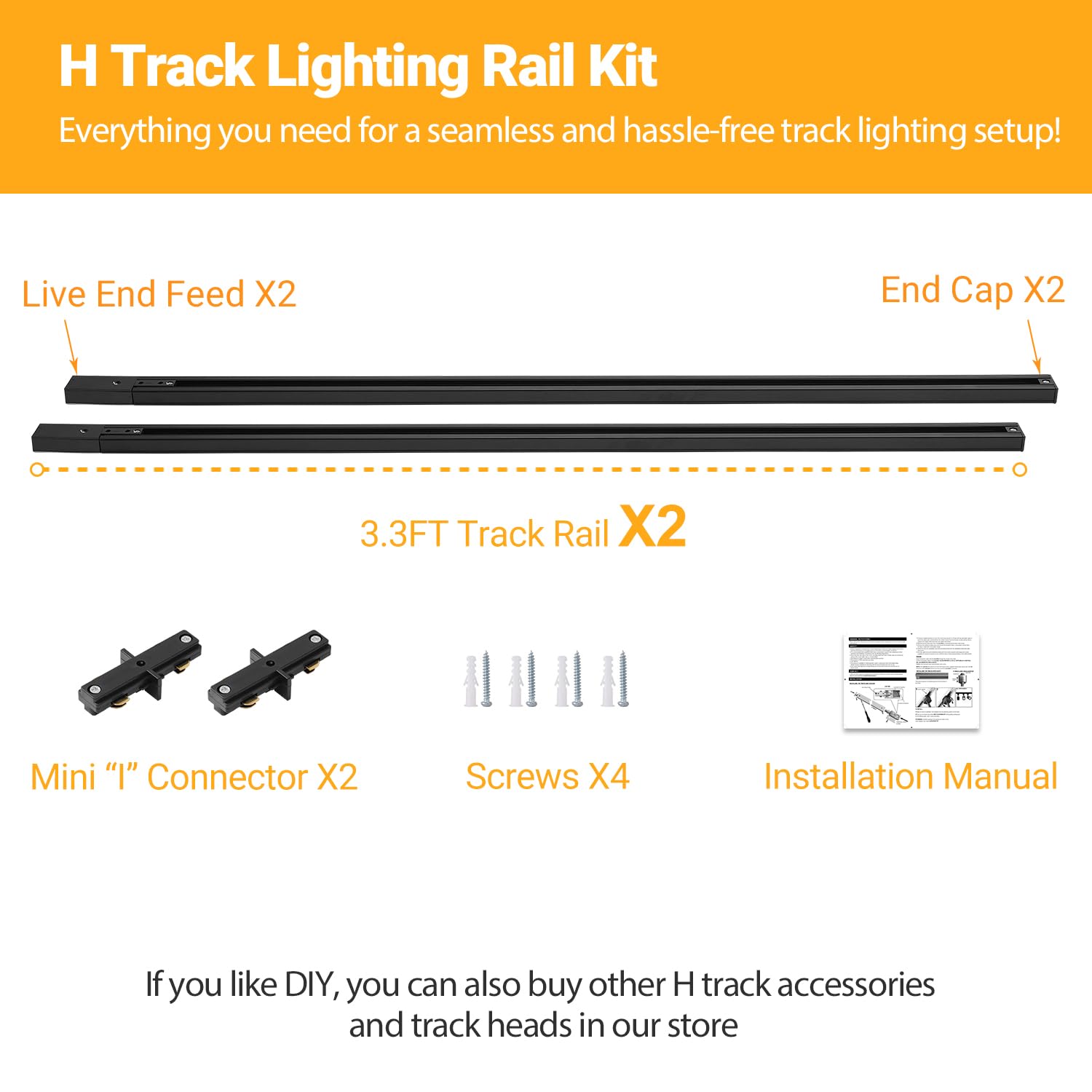 Vanoopee 6.6Ft H Track Lighting Rails Kit - Black Aluminum With End Caps & Live End Feed Connector
