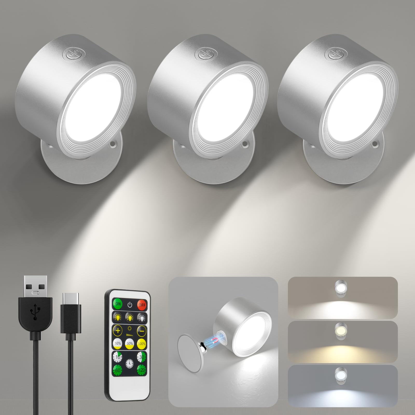 Lightbiz Led Reading Lights, Wall Lights Sconces 3 Pcs With Remote Rechargeable Battery Operated, 3 Color Temperatures & Dimmabl