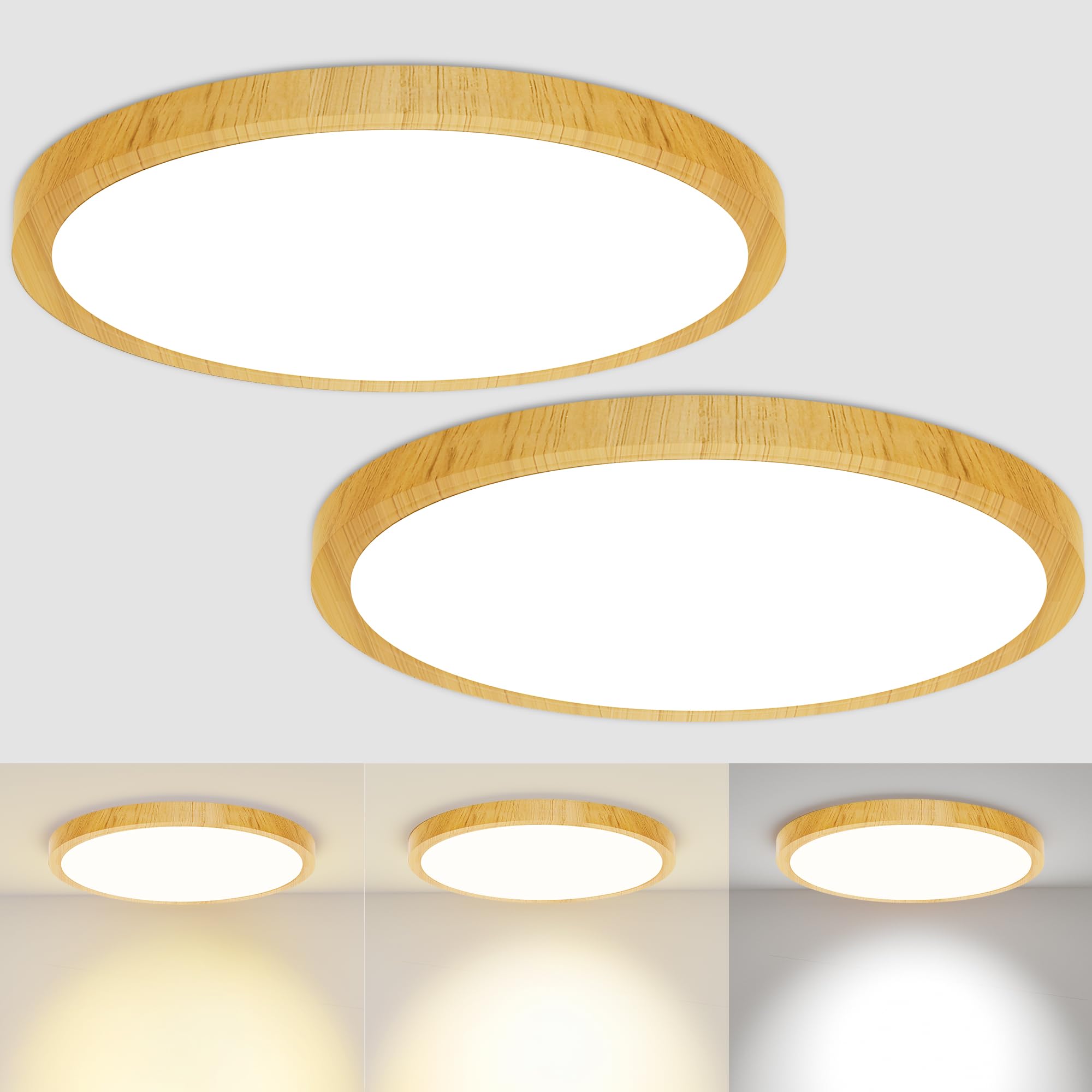 CAMCLIM 12in 24W LED Ceiling Light, 3CCT Selectable, Wood Grain, Model DX0032, Set of 2