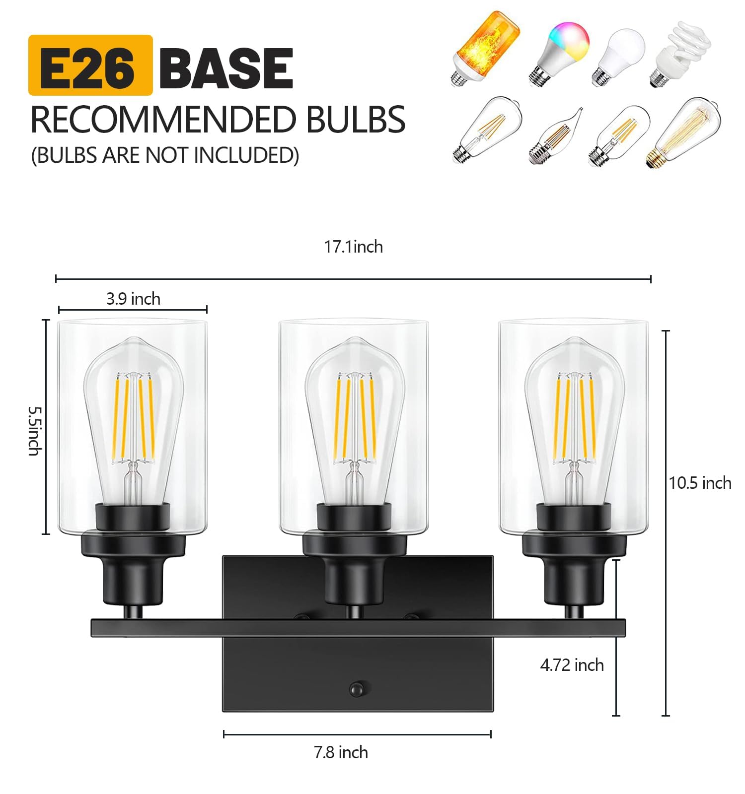 SANGFOR 3-Light Vanity Light Fixtures, Modern Metal Bathroom Lighting, E26 Base, Matte Black, Clear Glass Shades, Size M