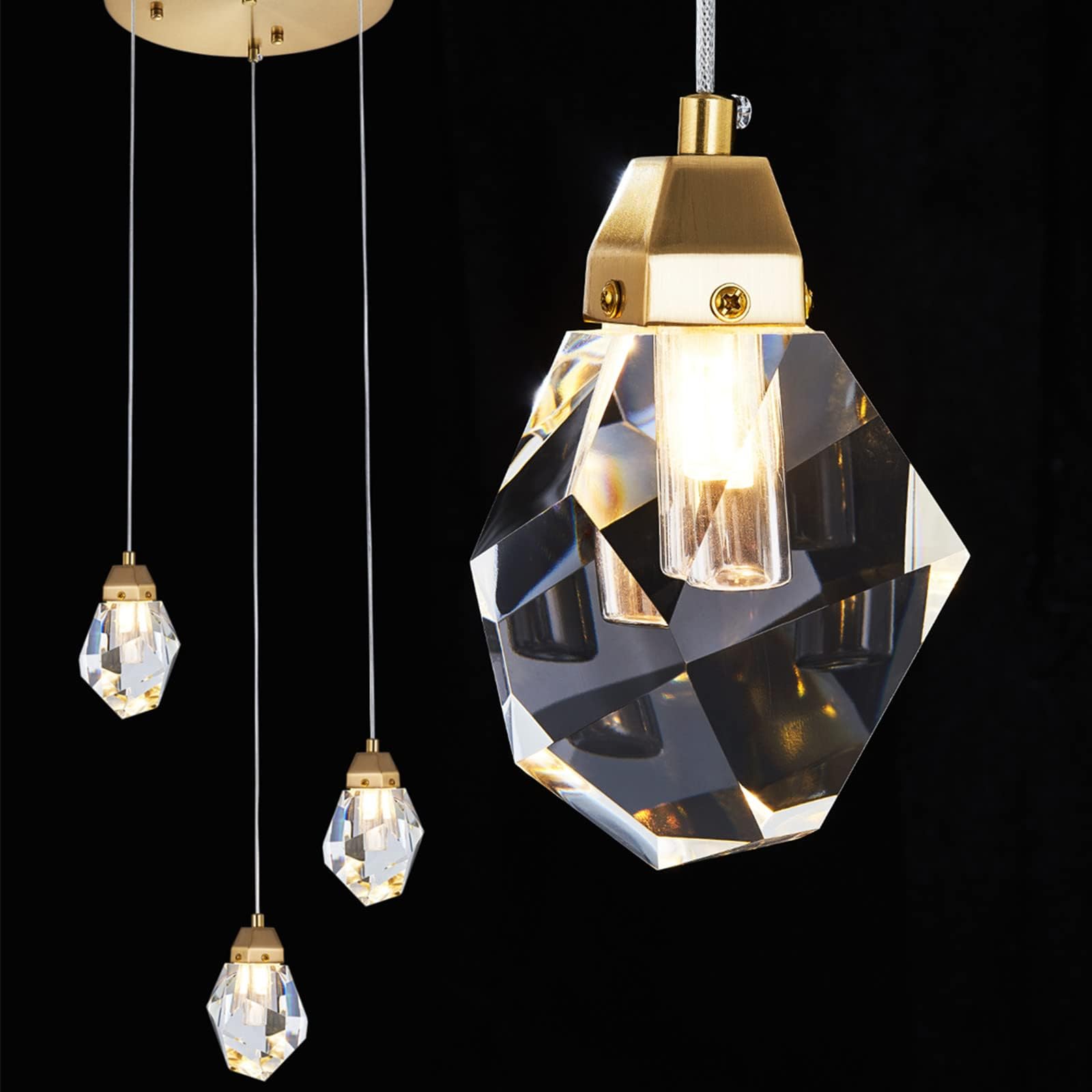 3 Lights Crystal Pendant Light Modern Cluster Chandelier - Dimmable Led Pendant Light Fixture With Brass Teardrop Design - Styli