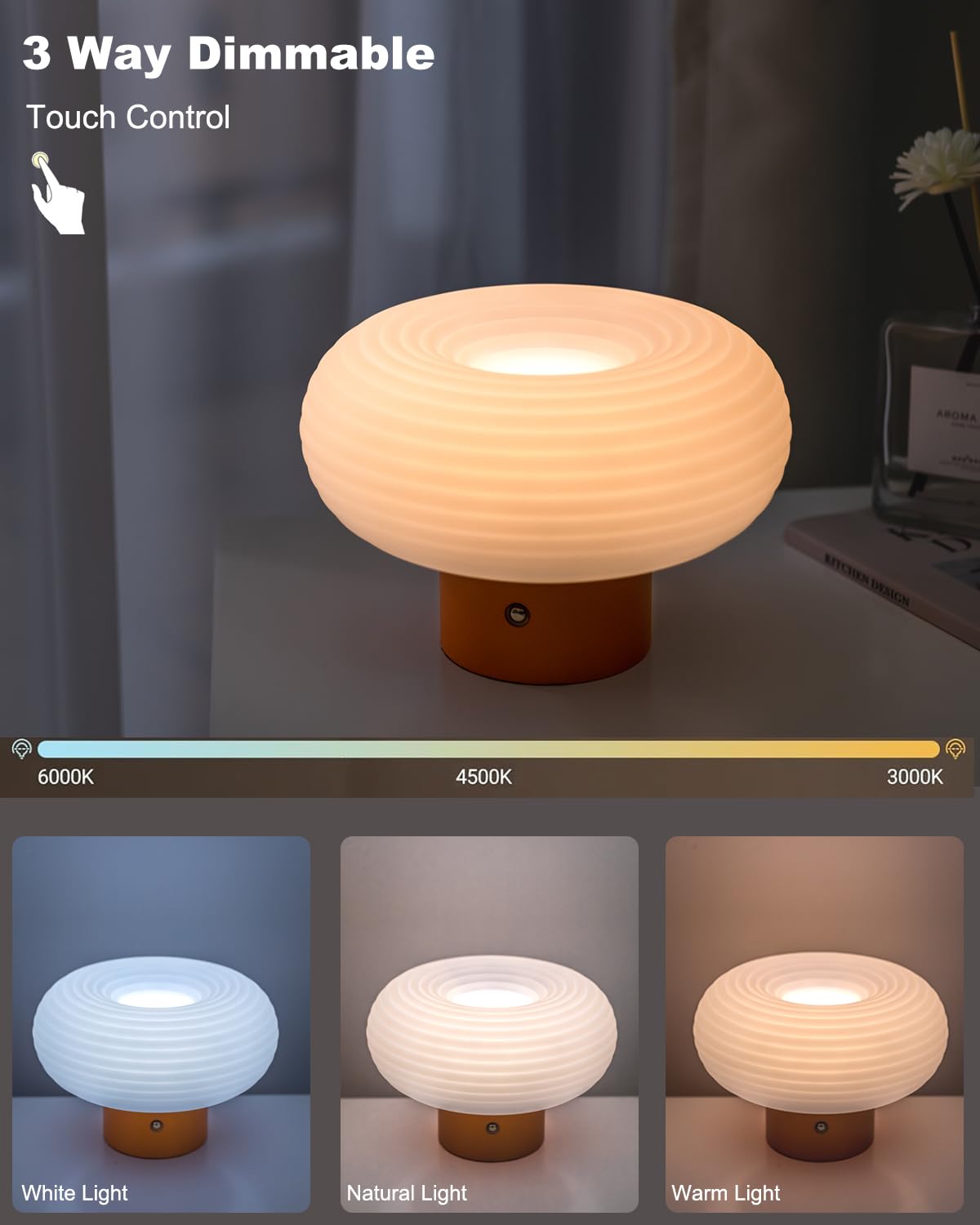 Fanhao Touch Bedside Table Lamp, Portable 4000Mah Cordless Rechargeable Mushroom Lamp For Bedroom Living Room Nightstand, 3-Colo