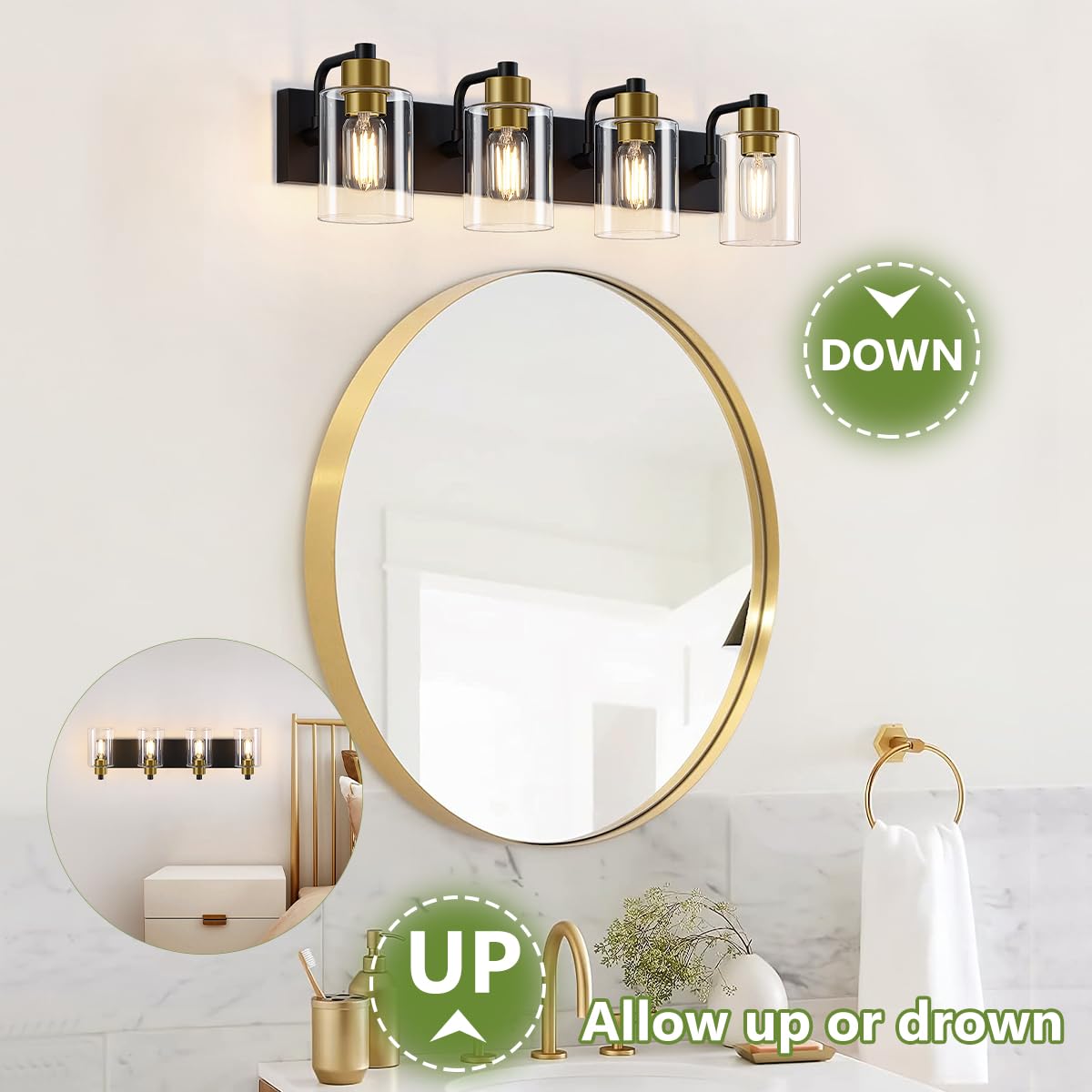 Dpyrrhic Bathroom Light Fixtures,Matte Black And Gold 4-Light Bathroom Lights With Clear Glass Shade,Modern Wall Sconces Over Mi