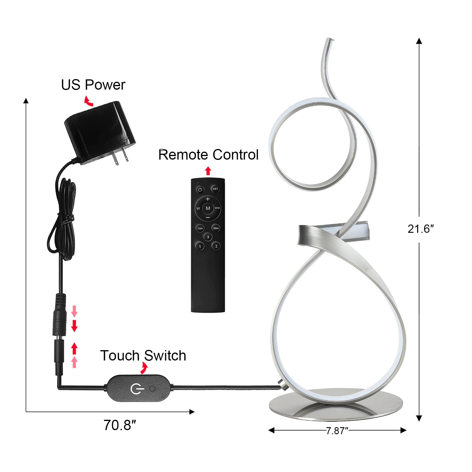 AooLiWang Modern LED Table Lamp with Remote Control, 21inch, Sand Nickel, Model ALW-TB, 3 Color Touch Dimmer