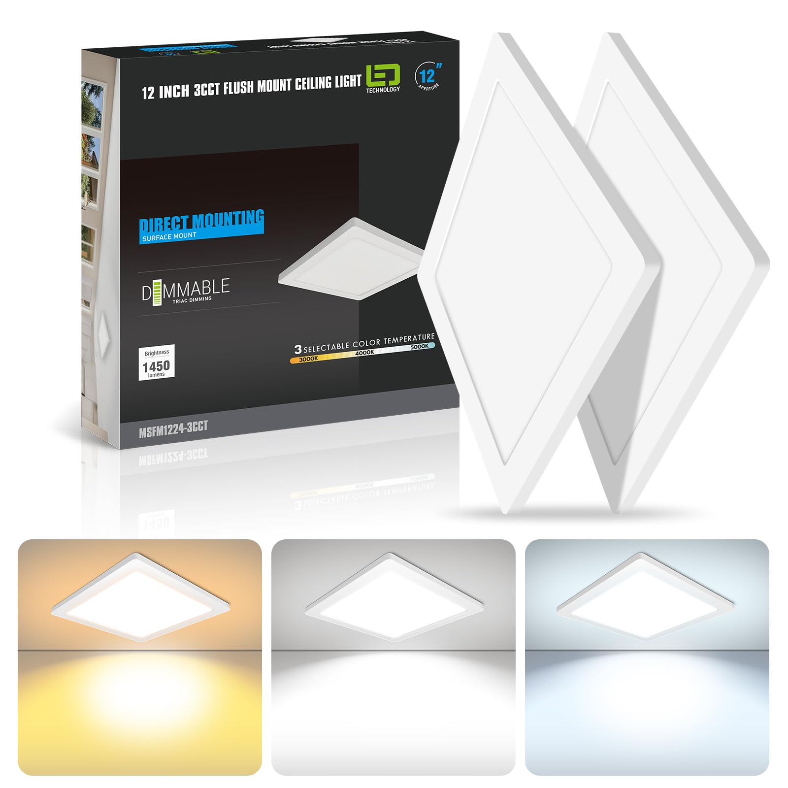 Mw 2 Pack 12 Inch Square Ceiling Light, 24W 120V, 3000K/4000K/5000K Adjustable, Dimmable Slim Led Ceiling Light, Close To Ceilin