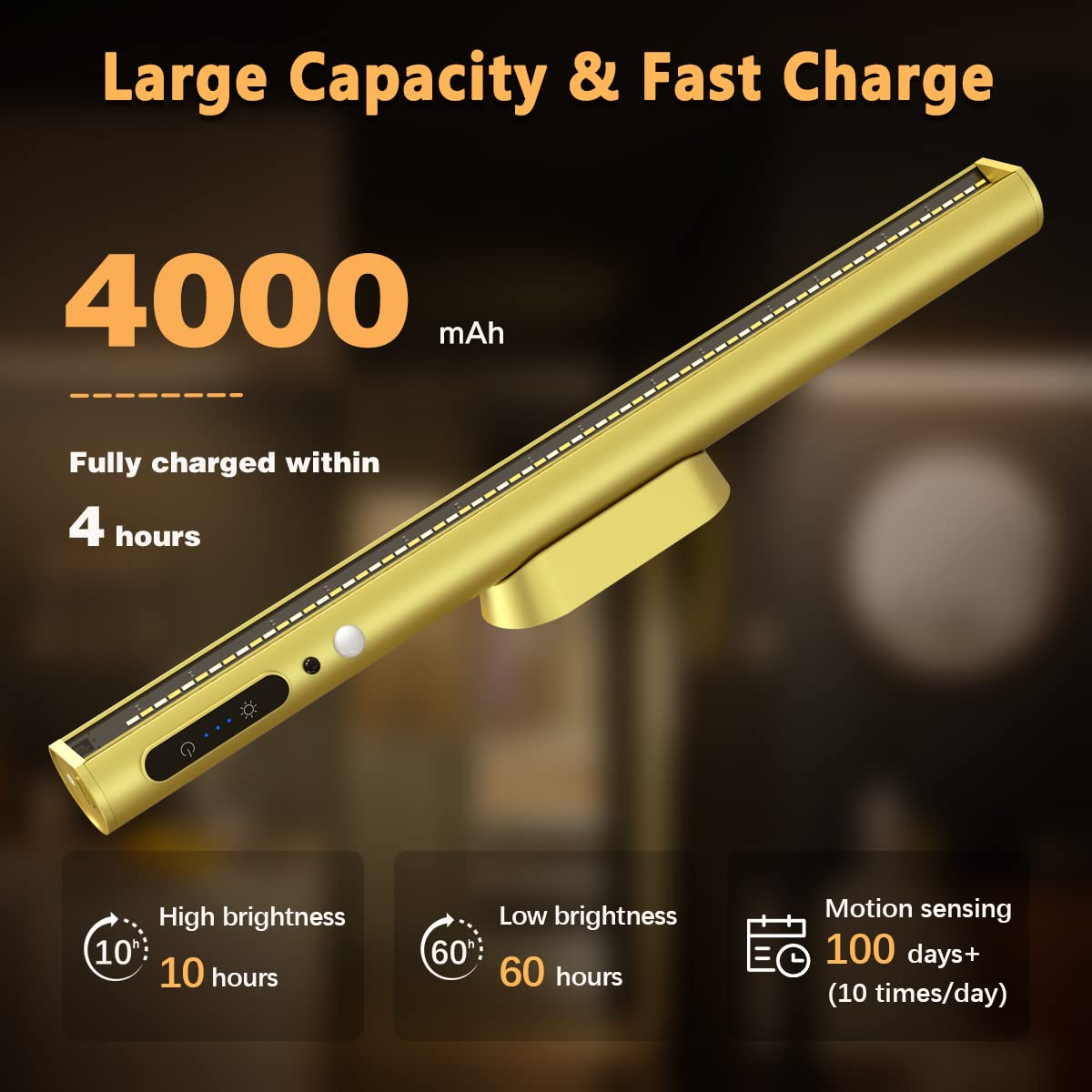 bravzurg Battery Powered Wall Strip Lights, Motion Sensor LED Light Bar, Rechargeable, Magnetic, Gold, Model YZYP350-GD03
