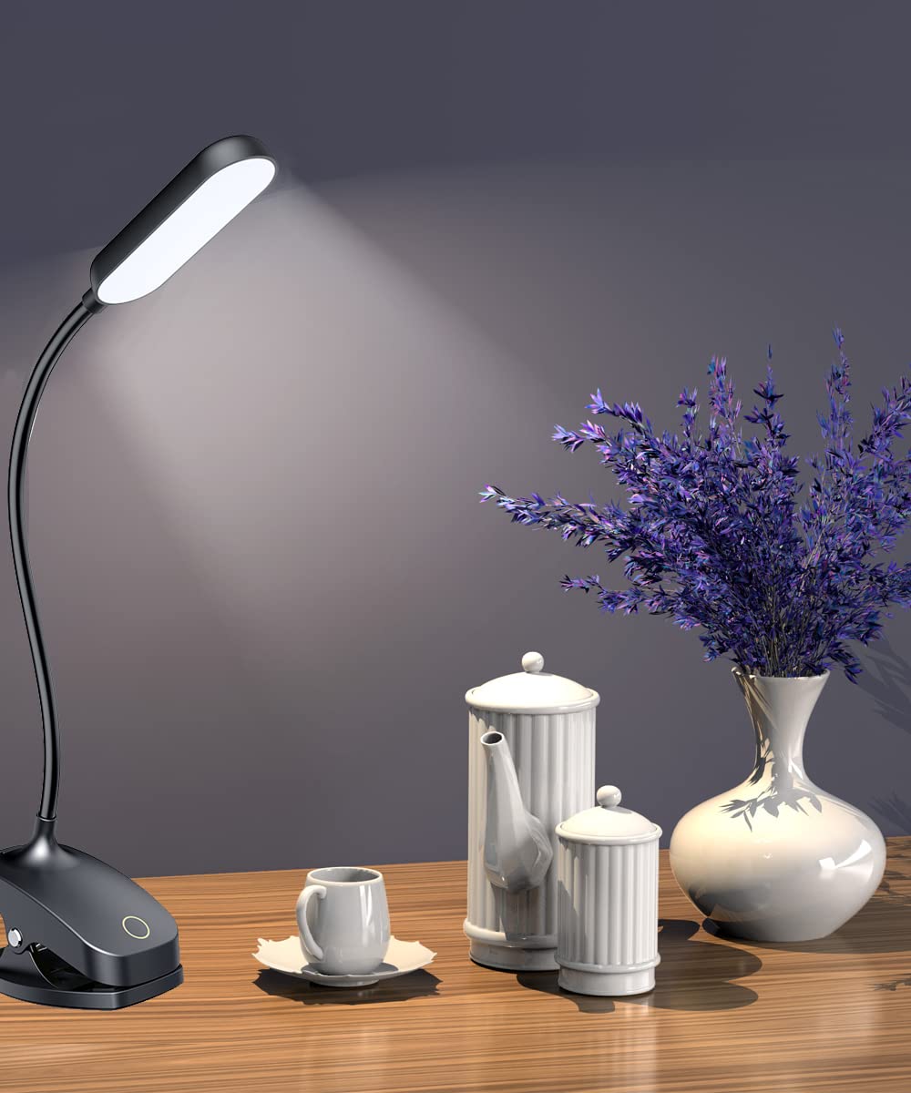 COLORLIFE Clip-On Desk Lamp - 7W Rechargeable Gooseneck Light, Stepless Brightness, Black, Model CL-DB01