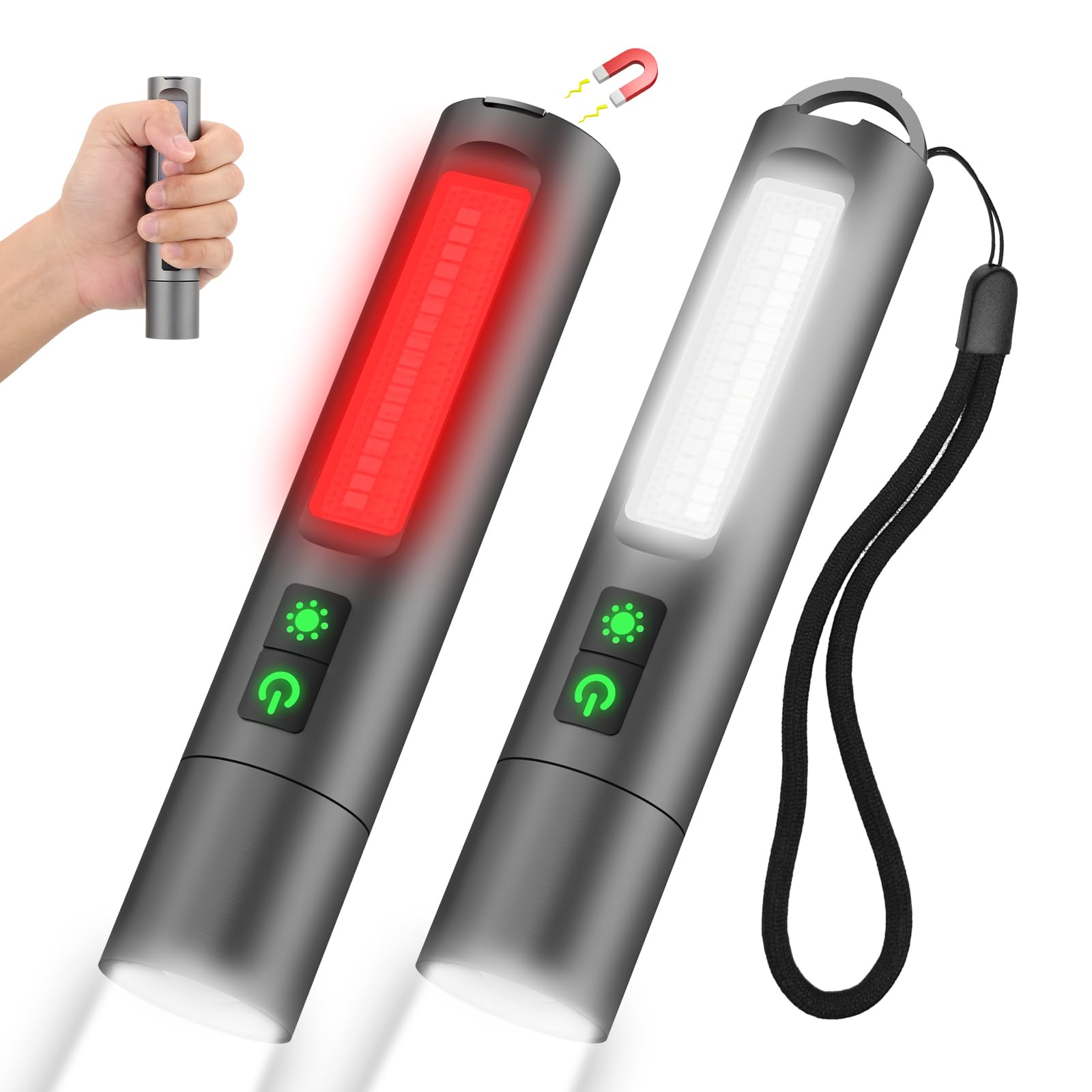 Small Powerful Flashlights,LED Pocket EDC Flashlight Rechargeable with Magnetic Base&Hanging Loop,1500 High Lumens,Dual Switch,C