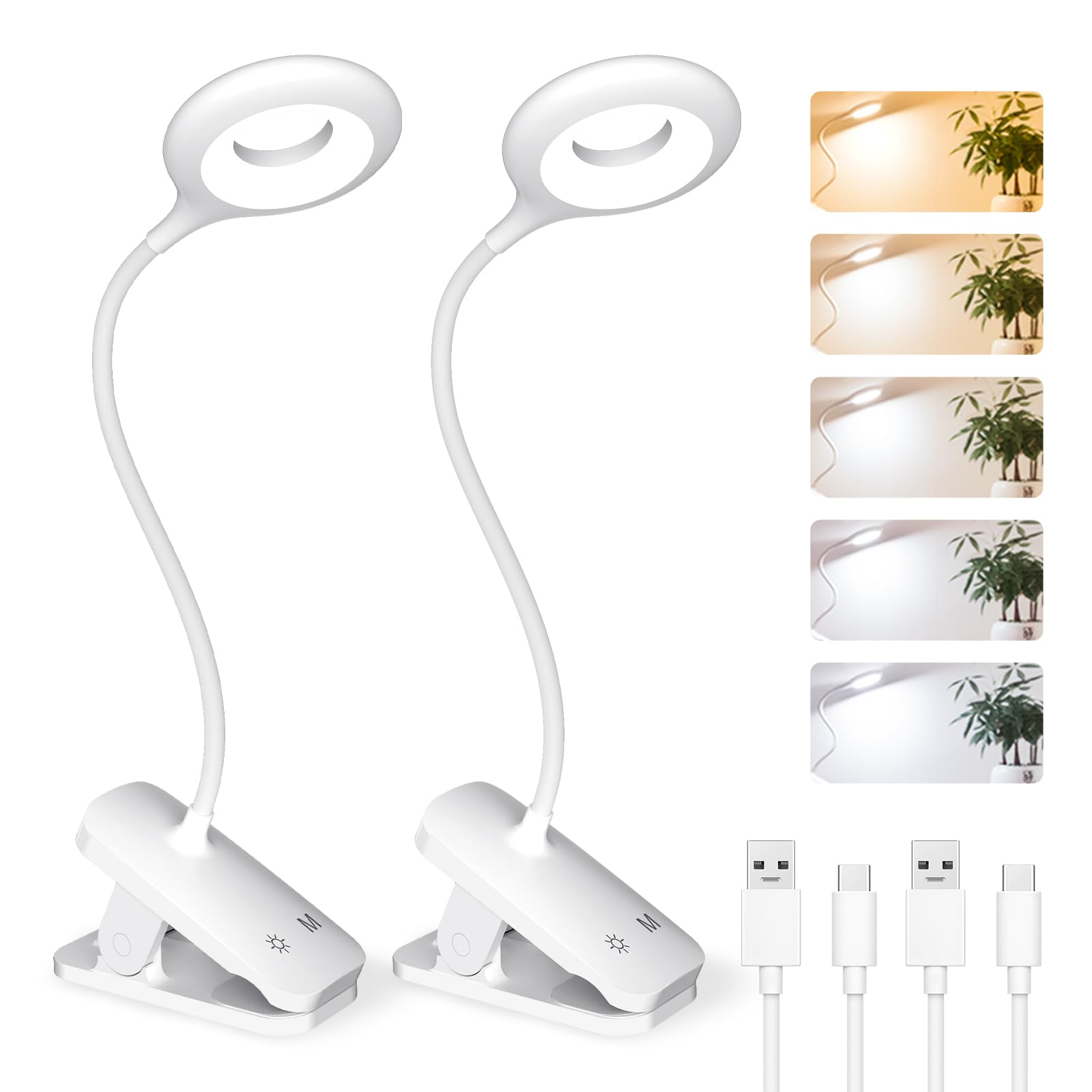 CUHIOY 2Pack Clip on Reading Light, 5 Colors 5 Brightness Bed Light for Headboard, Battery Rechargeable Flexible Arm Table Lamp 