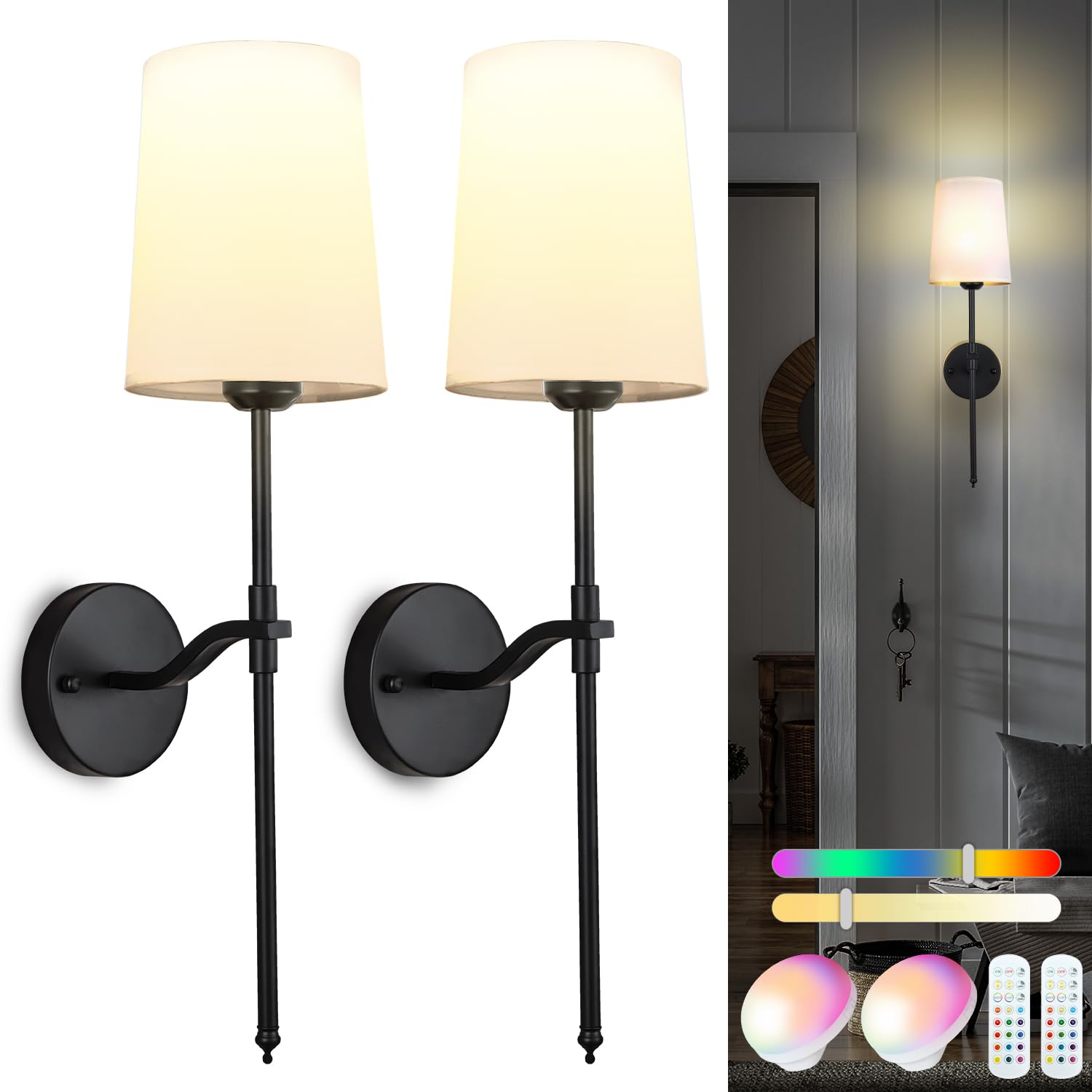 Troconce Wall Lights Battery Operated Wall Sconces Set Of 2, Black Rechargeable Wall Sconce With 15 Rgb Dimmable Detachable Bulb