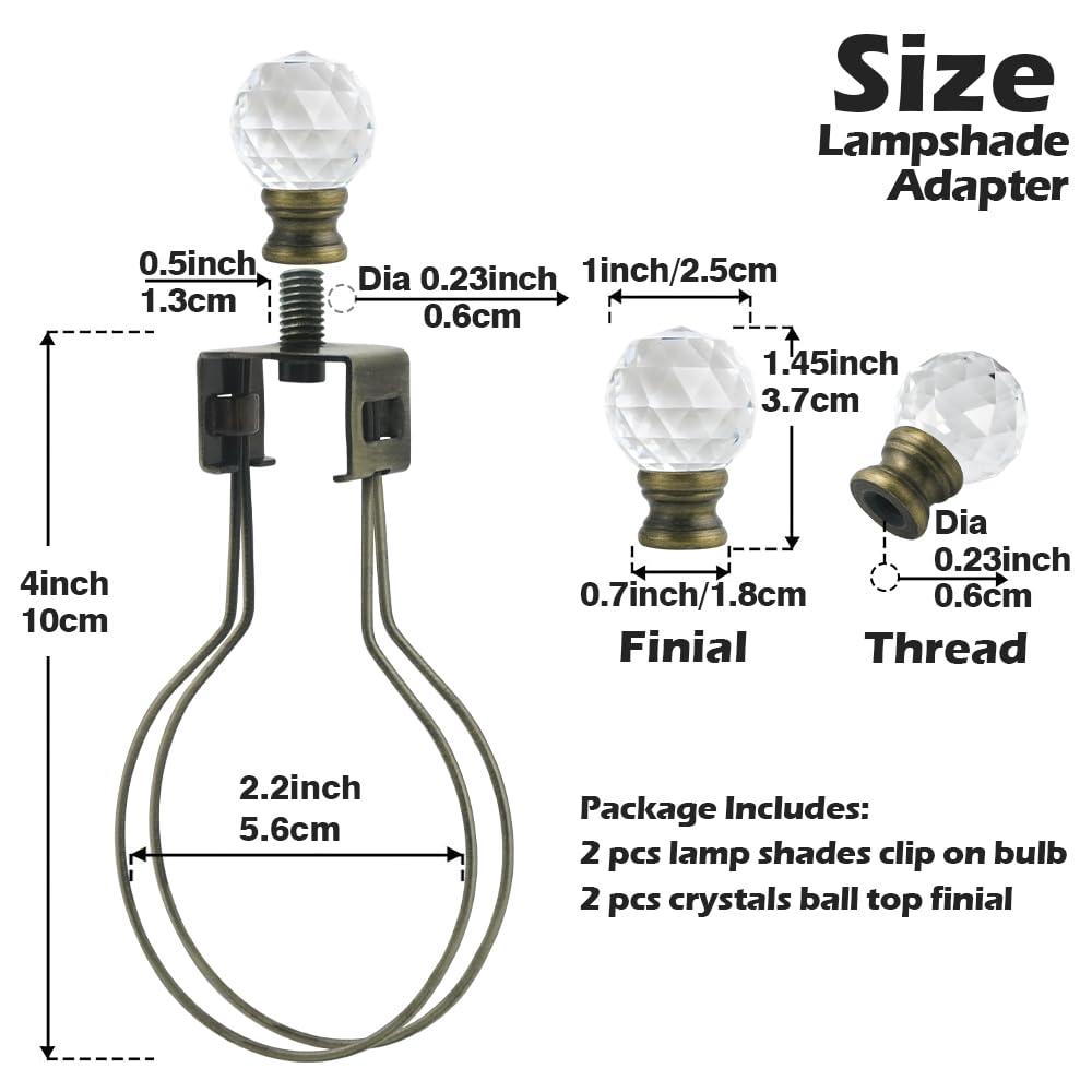 Asjeumt 2Pcs Lamp Shade Light Bulb Clip Adapter Kit, Bronze Lampshade Holder Adapter With Crystals Top Finial, No Harp Required,