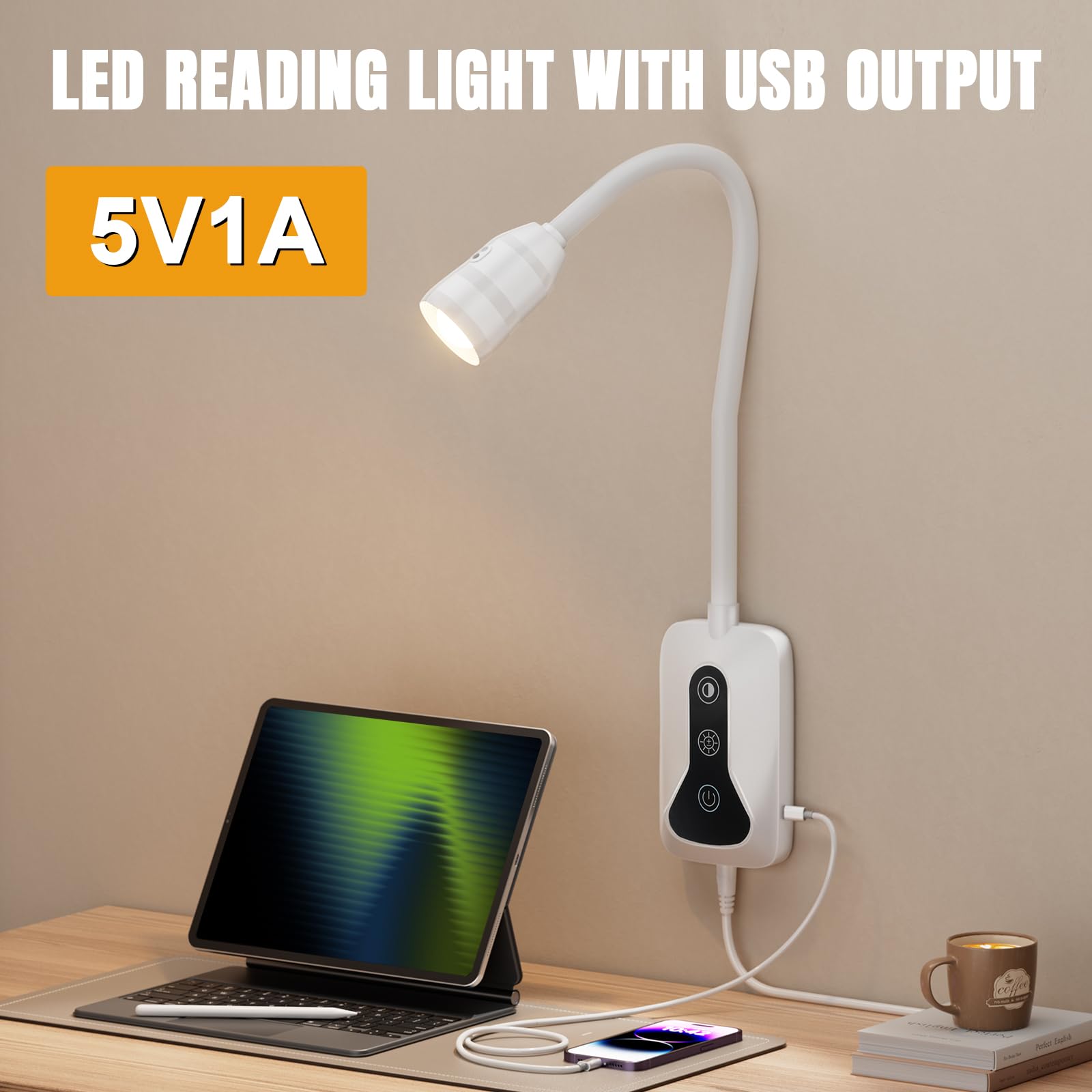Huaeu 2 Pack Wall Mounted Headboard Reading Light, Led Dimmable Touch Control, Flexible Gooseneck, Ideal For Bedside, Office, Or