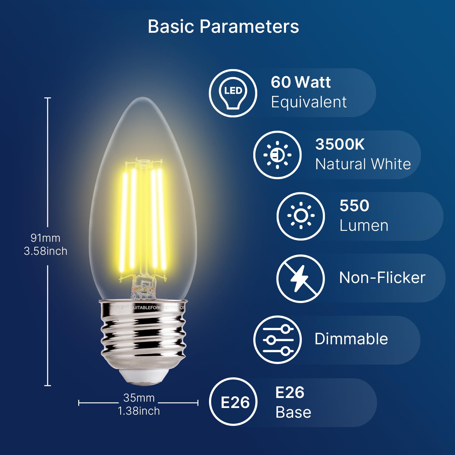 Flsnt 60W Equivalent Led Chandelier Light Bulbs, Dimmable Led B11 E26 Candelabra Base Bulbs, 3500K Natural White, 550Lm, 6 Pack