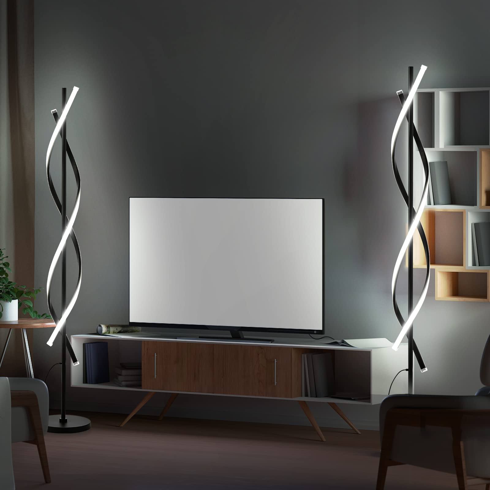 JTfany Modern Spiral LED Floor Lamp - 60" Dimmable Black Standing Lamp with Remote Control, 3 Color Temperatures for Bedroom & Living Room