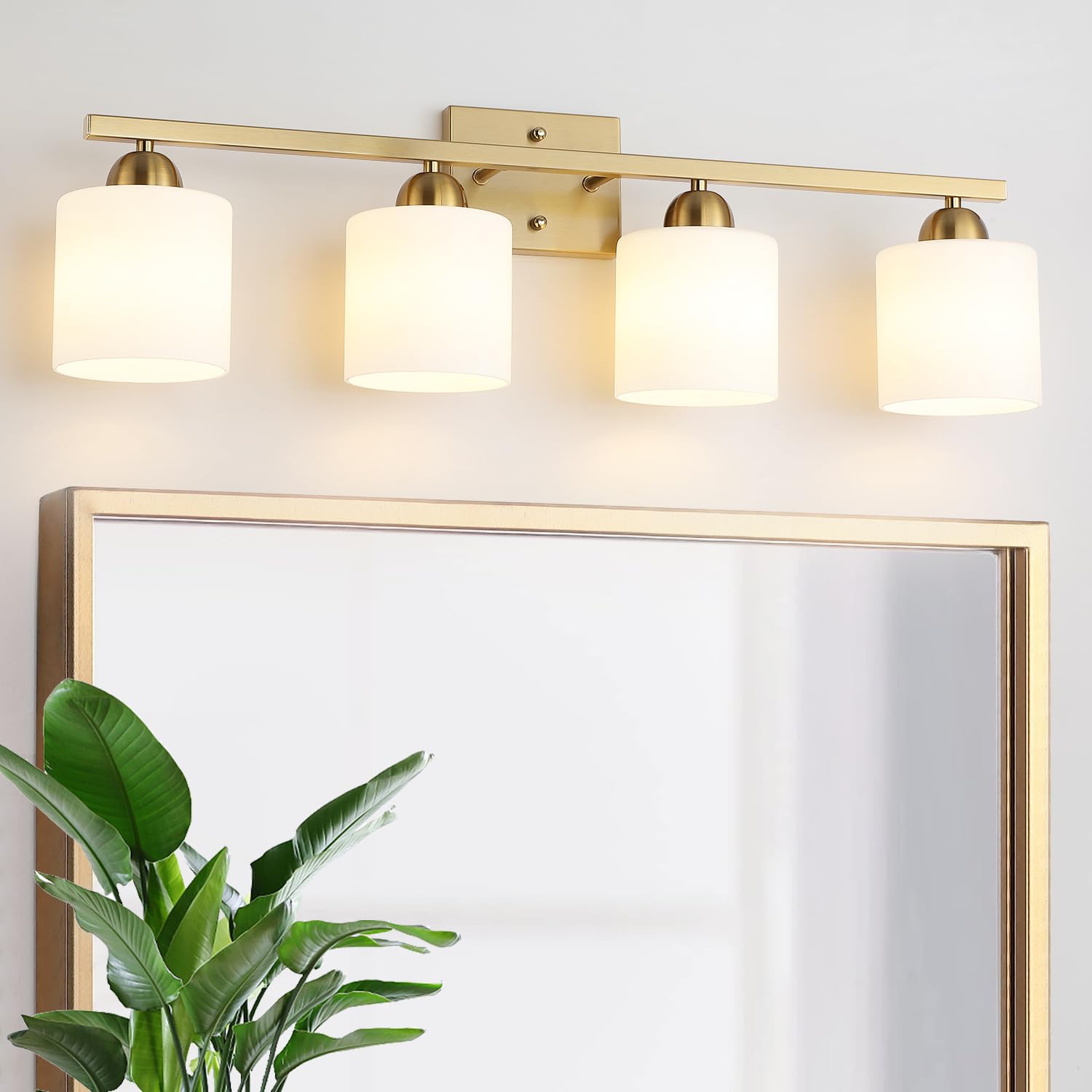 Mecgirn Stainless Steel Bathroom Vanity Light, 4 Light Brushed Gold Fixture with Frosted Glass, Model B0003-4-Gold