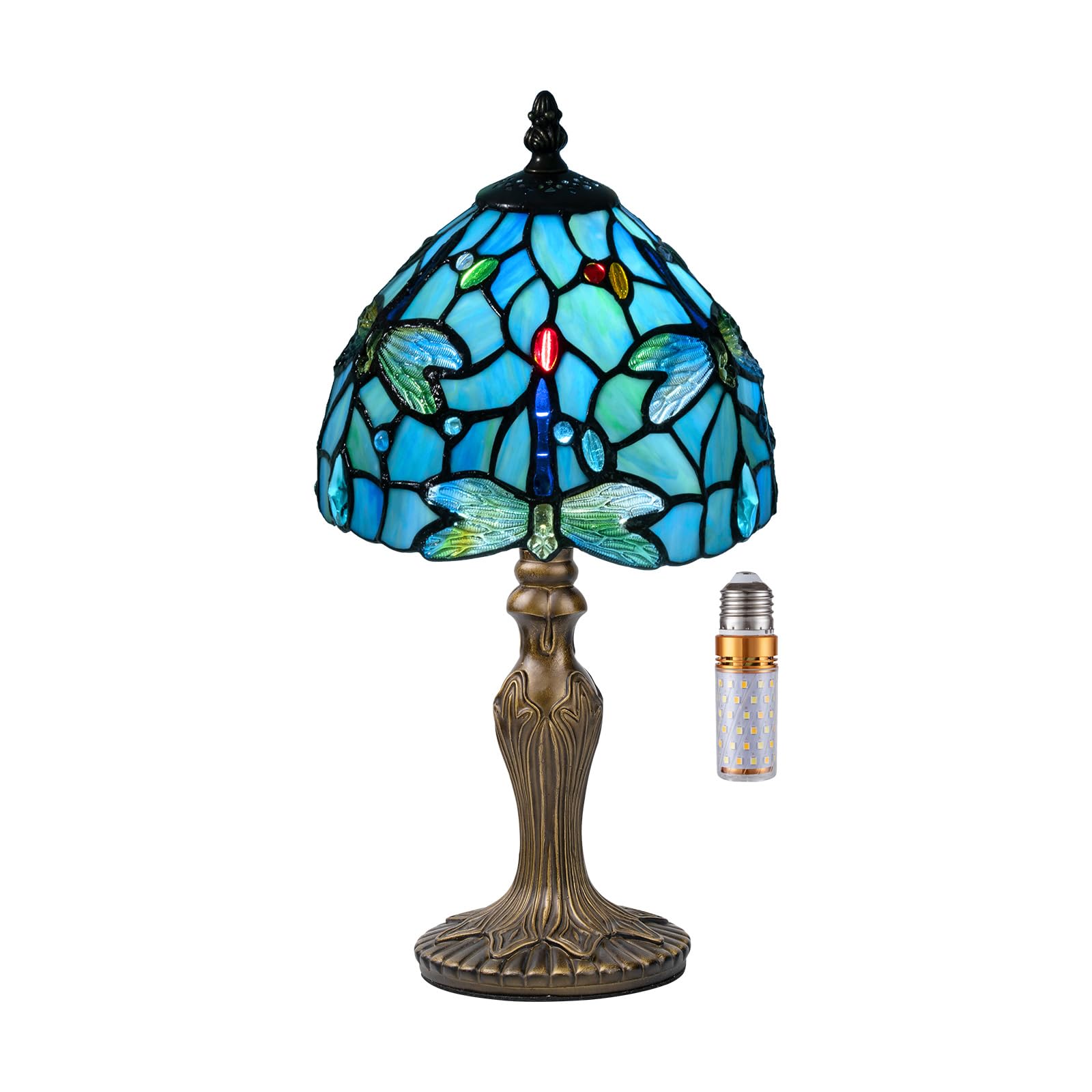 Nizrsky Small Tiffany Table Lamp, 3 Color-Temperature Dragonfly Stained Glass Lamp,8 Inch Tiffany Style Lamp for Bedroom Living 