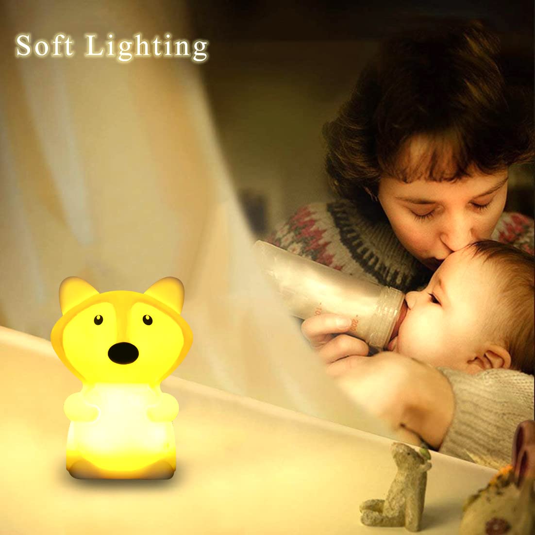 WHA&DARREN Fox Squishy Night Light for Babies & Kids, Nursery Light, Animal Shaped, Silicone Material