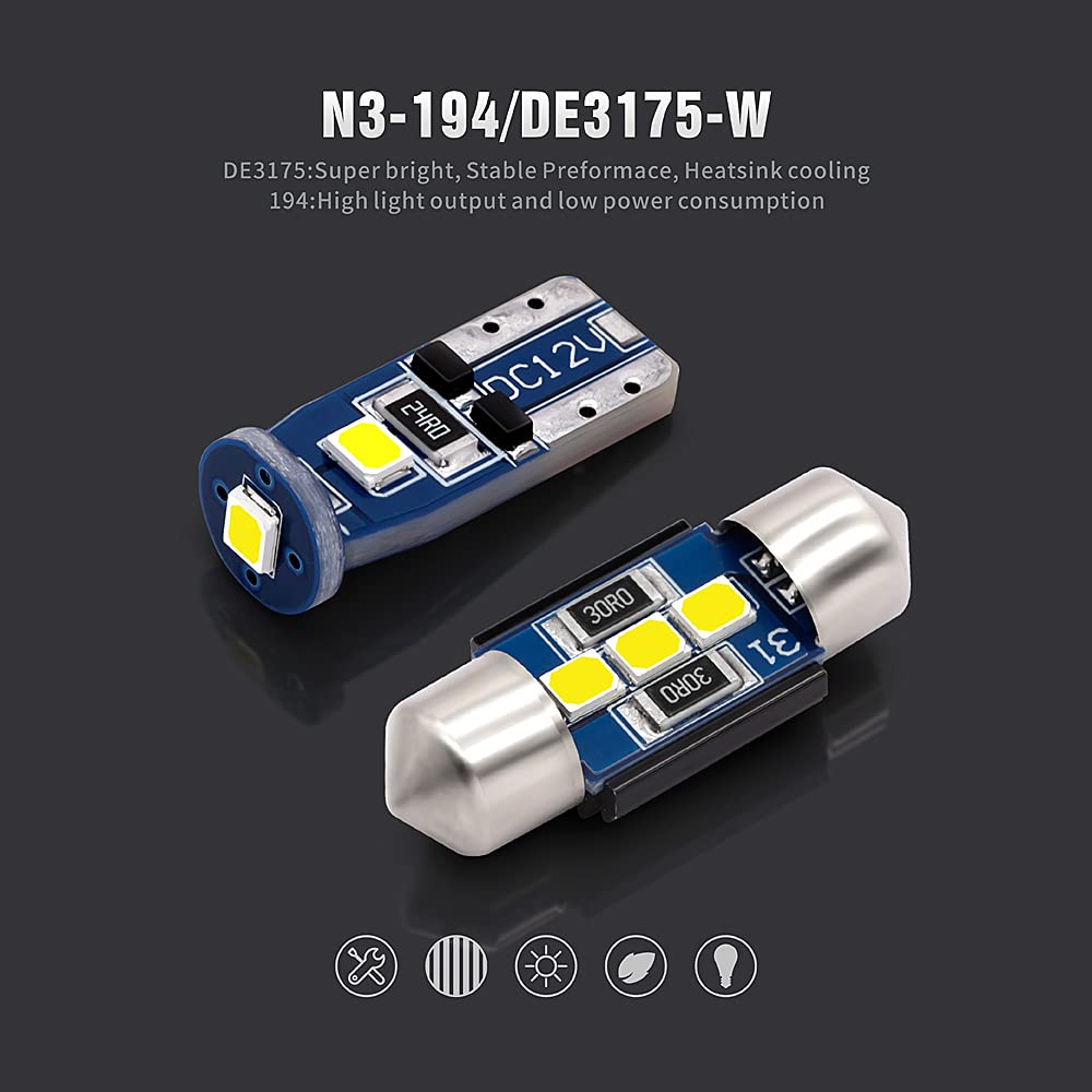 Sir Ius Led N3 De3175 31Mm 194 168 2825 Combo Led Bulbs White Super Bright 300 Lumens 3030 Chipset For Japanese Car Truck Interiors Dome Map Door Courtesy License Plate Lights Pack Of 10