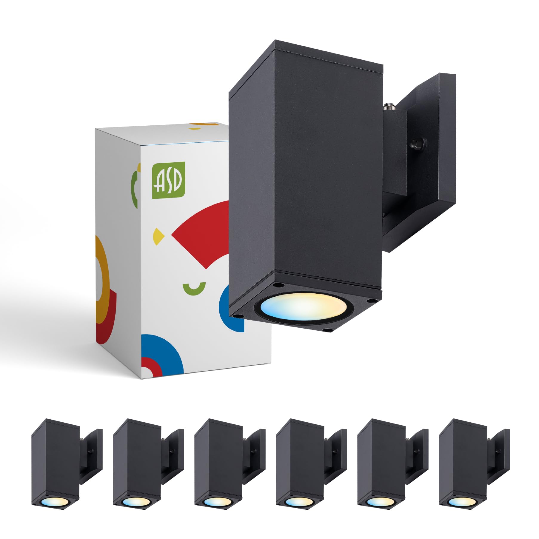 ASD 1 Light Square Dusk to Dawn LED Outdoor Wall Light Fixture | 9W 1000LM 3000K-5000K 120V Cylinder Up Down Lights | Exterior Wall Sconce | Front Door  Porch  Patio | Black  ETL 6 Pack