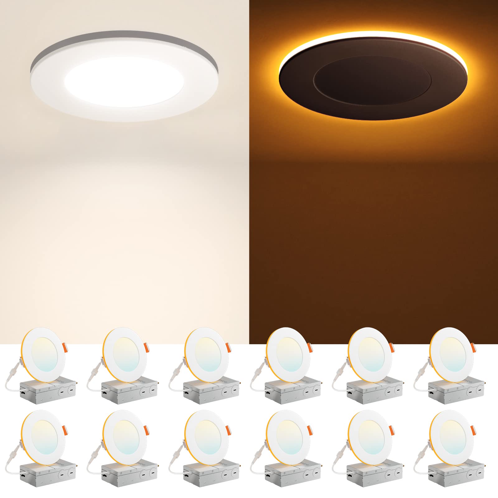Amico 12 Pack 4 Inch 5Cct Led Recessed Ceiling Light With Night Light, 2700K/3000K/3500K/4000K/5000K Selectable Ultra-Thin Reces