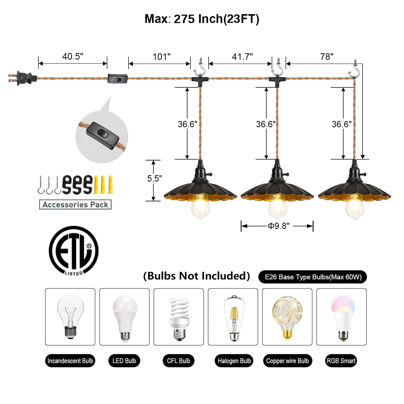 Alaislyc 3-Light Plug In Pendant Light Fixtures Chandelier With Switch 22Ft Industrial Ceiling Hanging Lamp Cord Farmhouse Cable