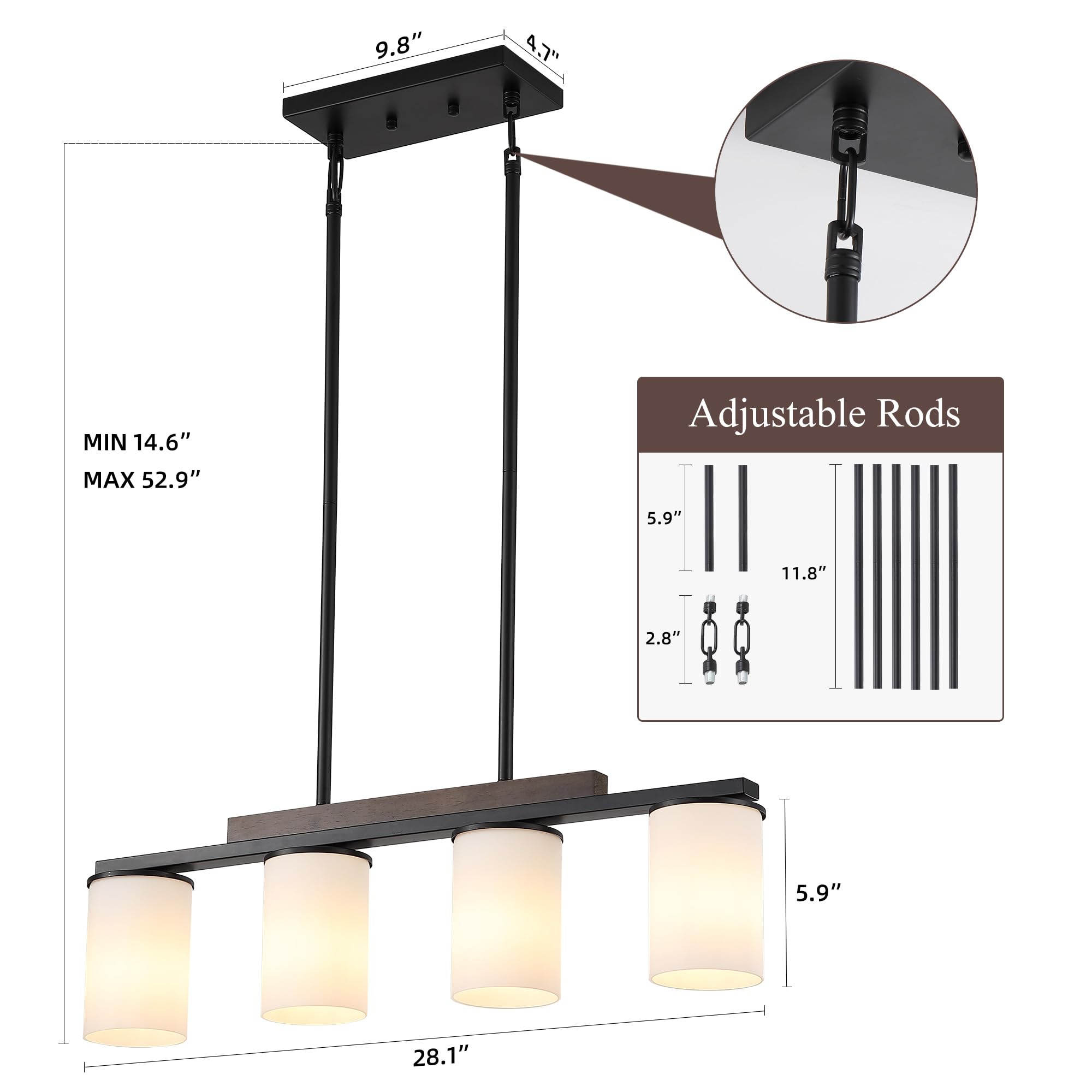 Mecgirn 4 Light Linear Chandelier - Black Pendant Light with Milk Glass Shade for Dining Room & Kitchen Island, Model D0016-4-M