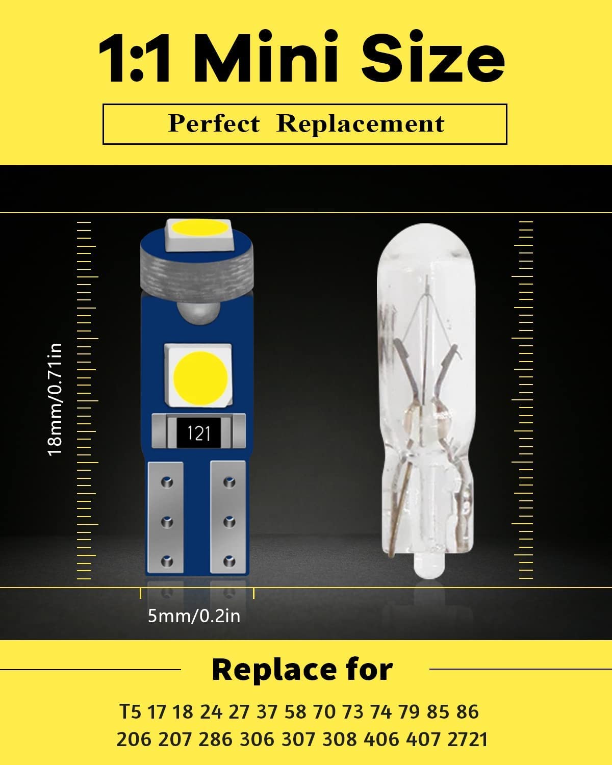 Alopee T5 Led Bulbs, Bright White 74 Led Bulb, 2721 Led Bulb For 74 73 37 2721 Auto Car Dash Instrument Panel Gauge Cluster Indicator Lights Door Light 3Smd 3030 Chips, Dc 12V, Pack Of 20