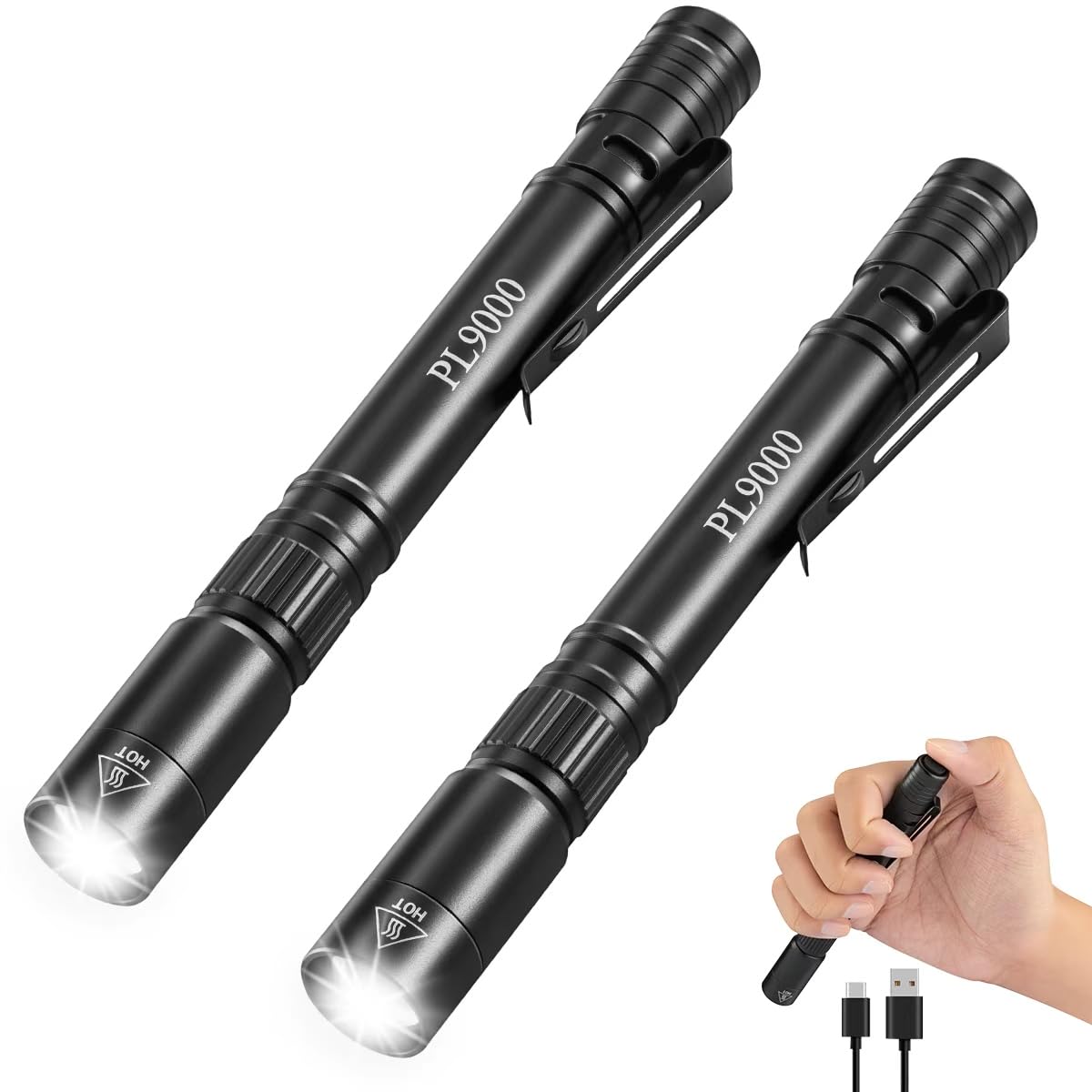 2Pack Pen Flashlight Rechargeable PL9000  5Mode Bright Pen Light Flashlight High Lumens  Waterproof Pocket Flashlights  EDC Adjustable Tactical Flash Light  LED Small Lights with Clip for Emergencies