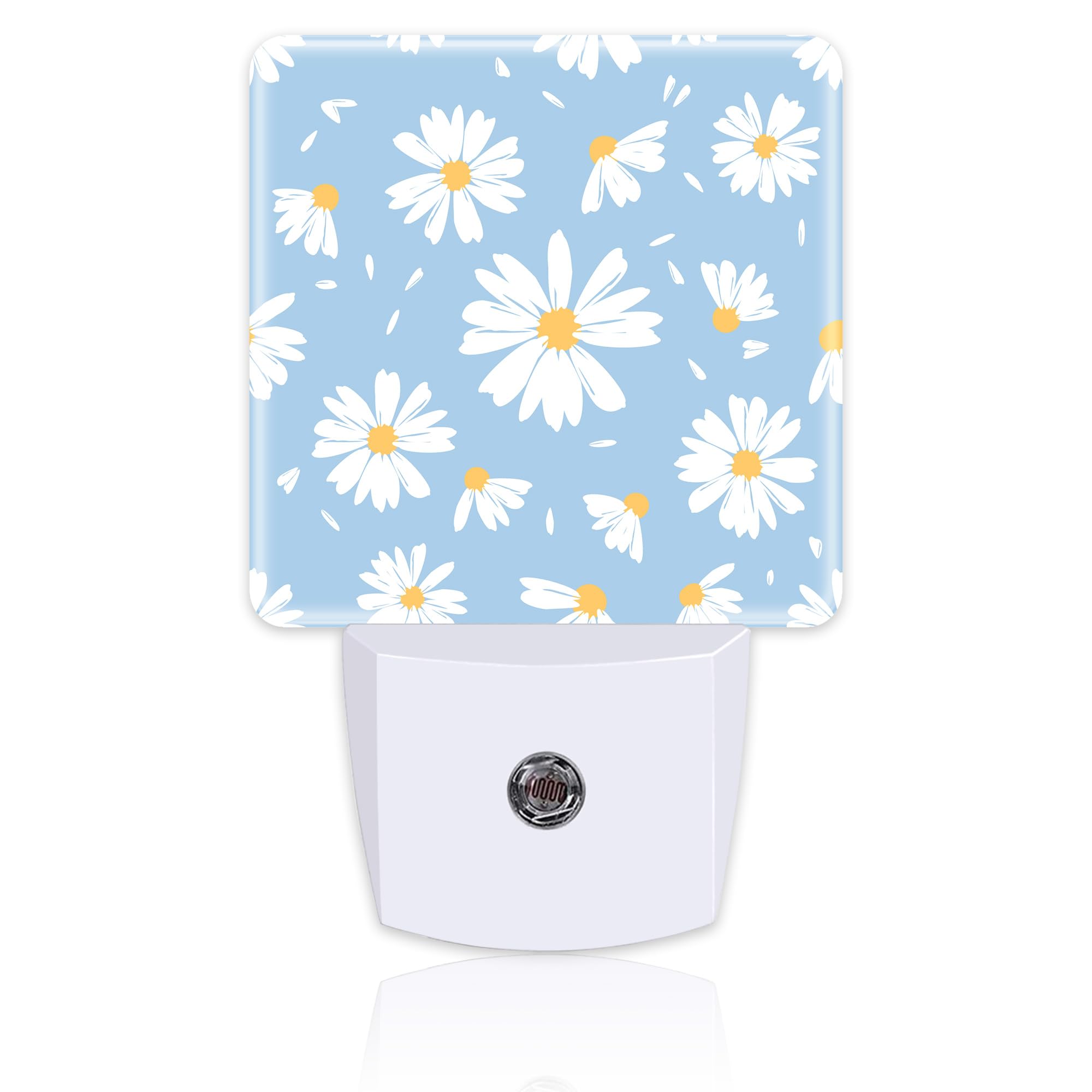 Watercolor White Daisies Flowers Night Light for Kids,Abstract Floral Flying Petals Night Light Plug in with Dusk to Dawn Sensor