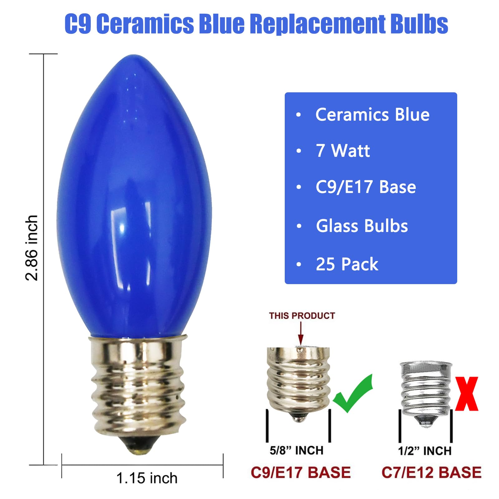 Sunsgne 25 Pack C9 Christmas Replacement Night Light Bulbs, 7 Watt Incandescent Light Bulbs For C9 Christmas String Lights, Cand