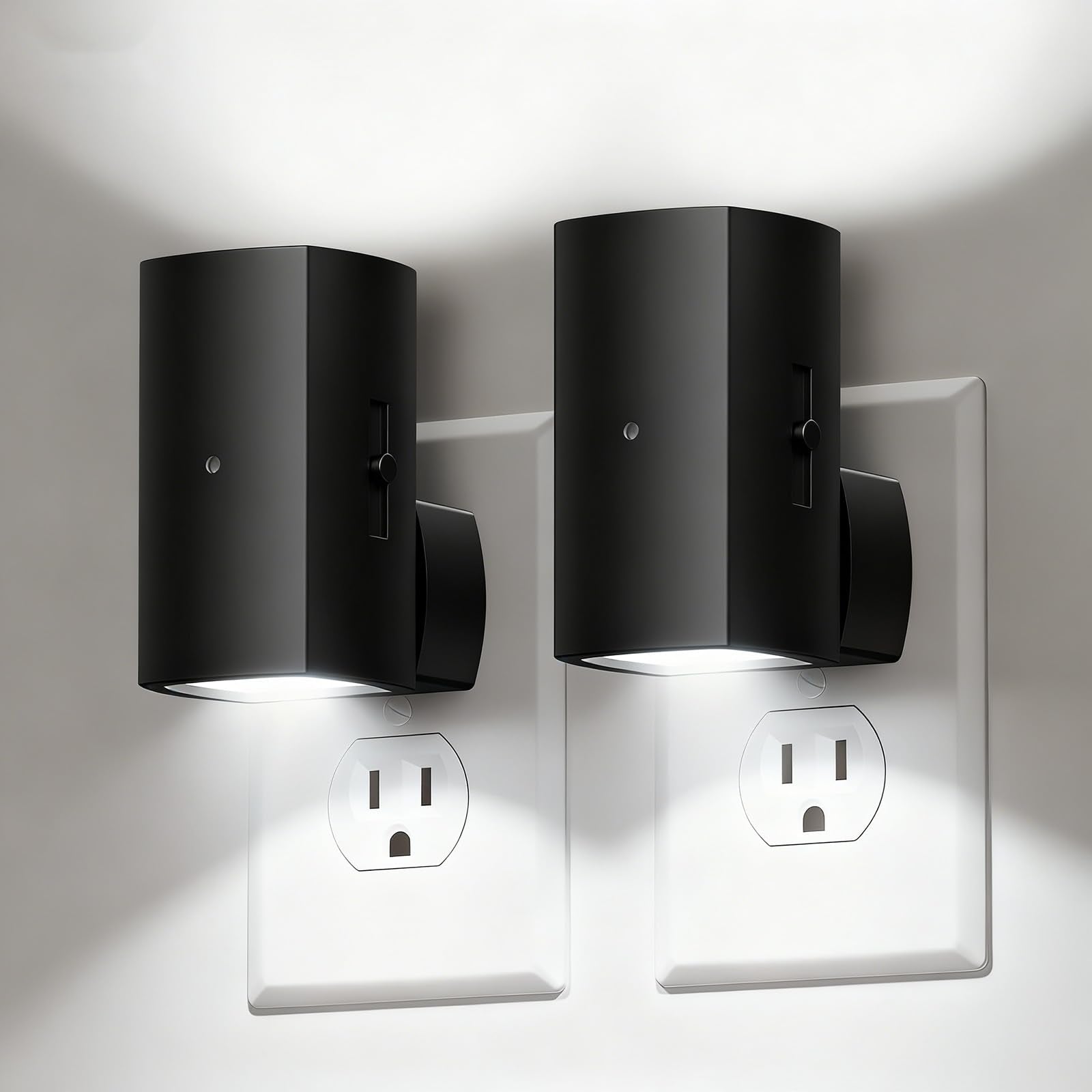Brightown 2 Pack Black Night Lights Plug into Wall  Modern Night Light with Rotating Plug  Dusk to Dawn Sensor  0-100LM Stepless Dimming Aora Night Light for Hallway Bedroom Bathroom  Pure White
