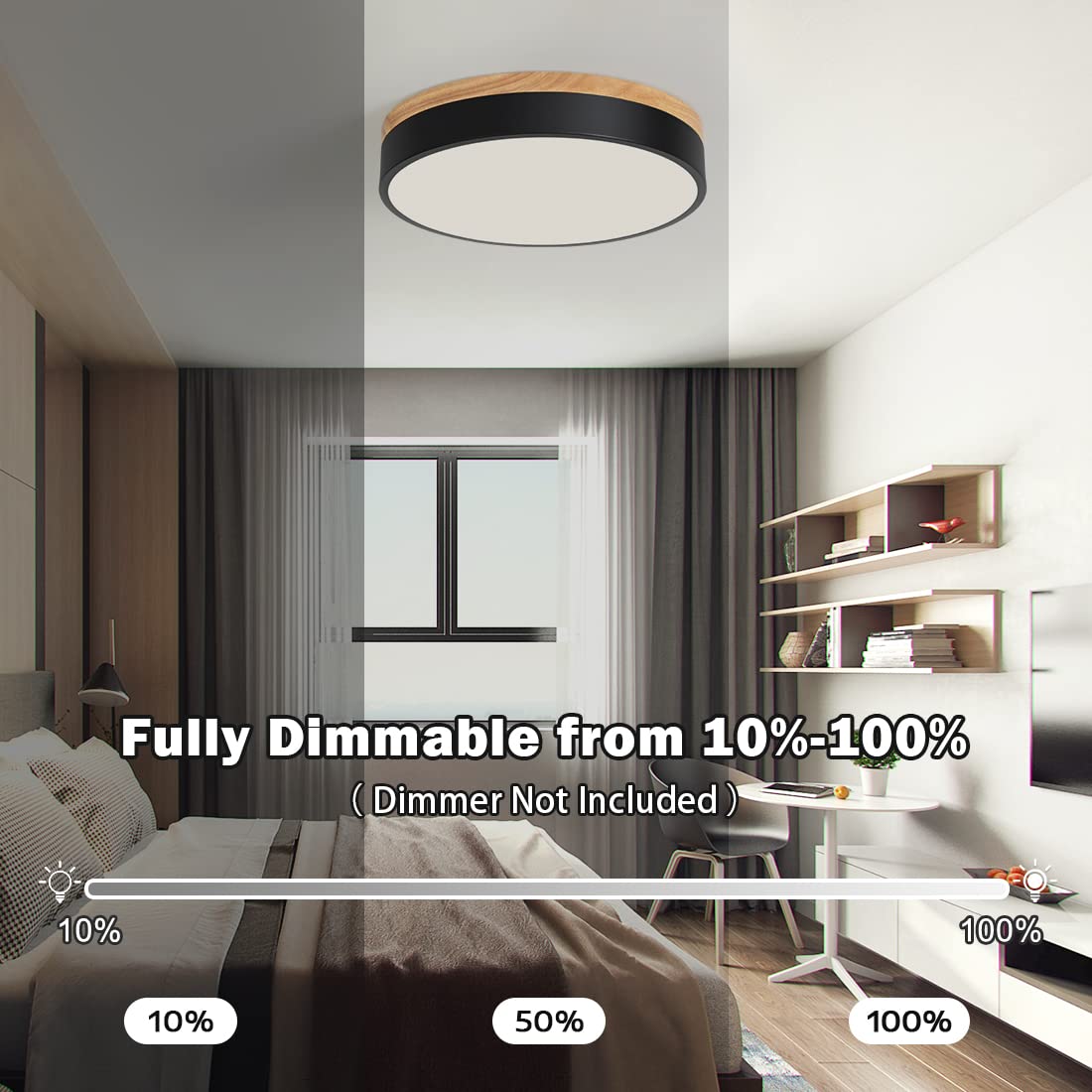 Goomavi Dimmable Wood Led Close To Ceiling Light, Modern 2700K-6000K 5Cct Round Black Flush Mount Ceiling Light Fixtures, Minimalist Ceiling Lamp For Bedroom, Kitchen, Hallway, Laundry Room-11.8In