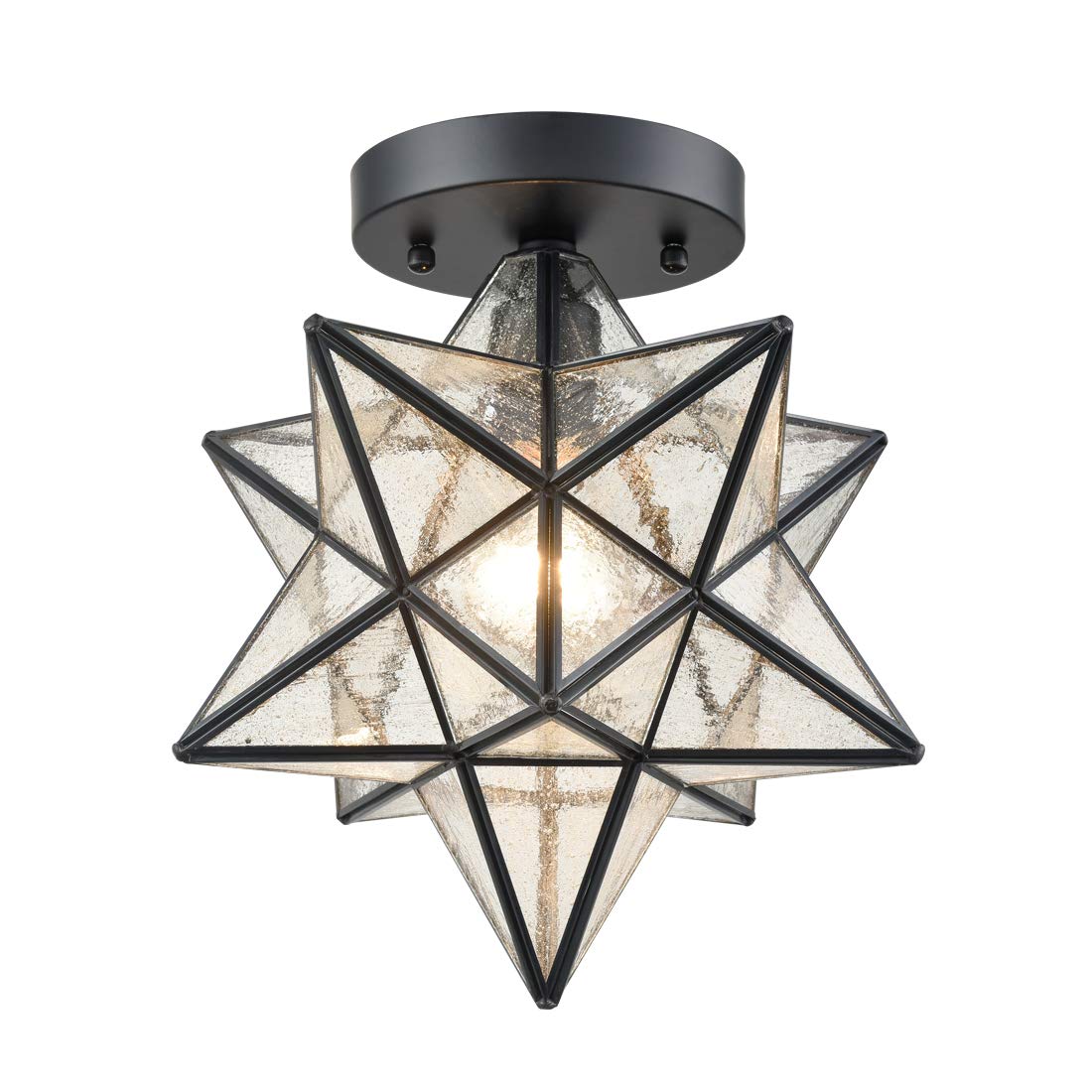AXILAND Moravian Star Flush Mount Ceiling Light Seeded Glass 12in Black for Living Room Bedroom Bathroom Hallway