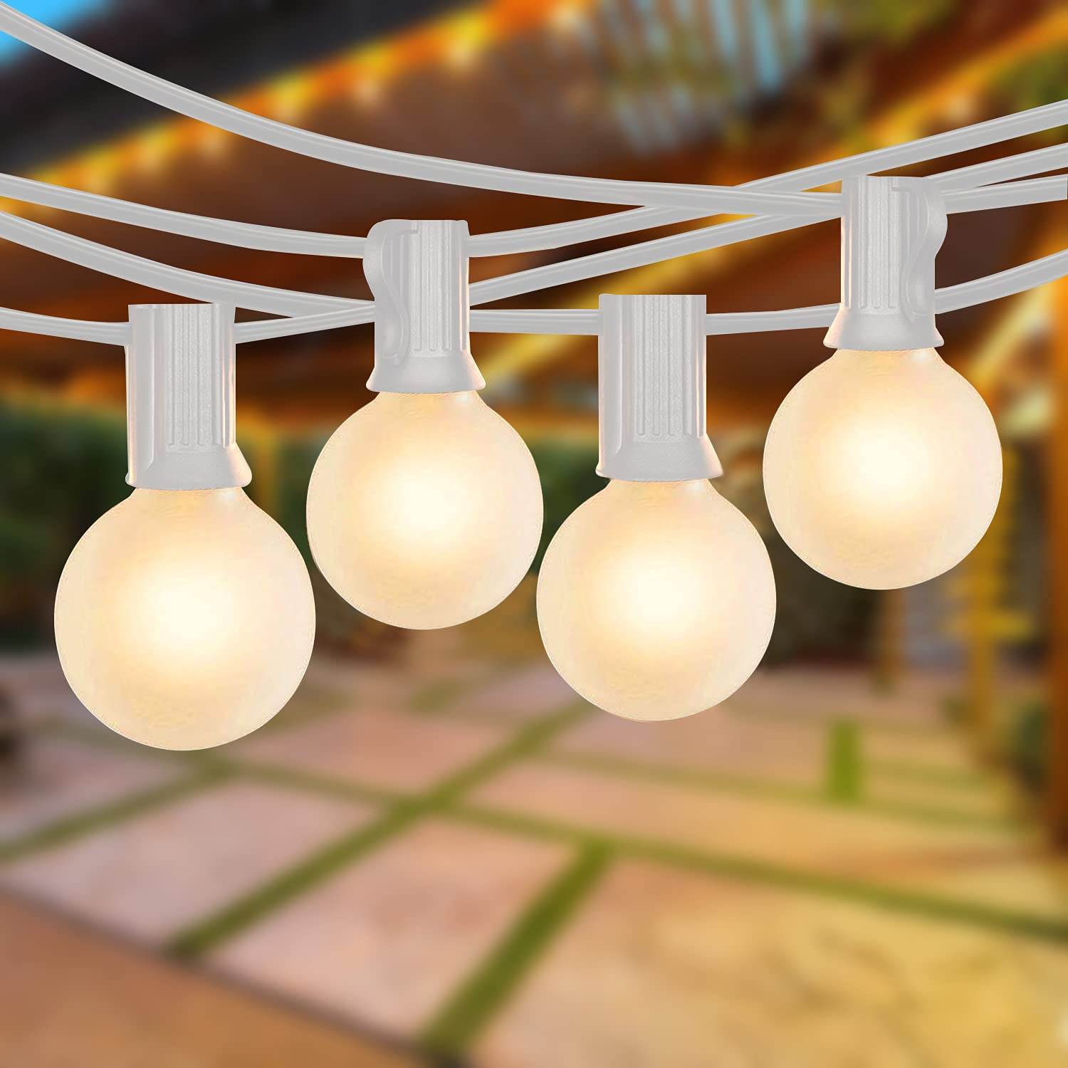 SUNSGNE G40 Globe String Lights, 25 Ft, Frosted White Bulbs, Waterproof, Connectable, White Wire for Outdoor Patio, Christmas, Party