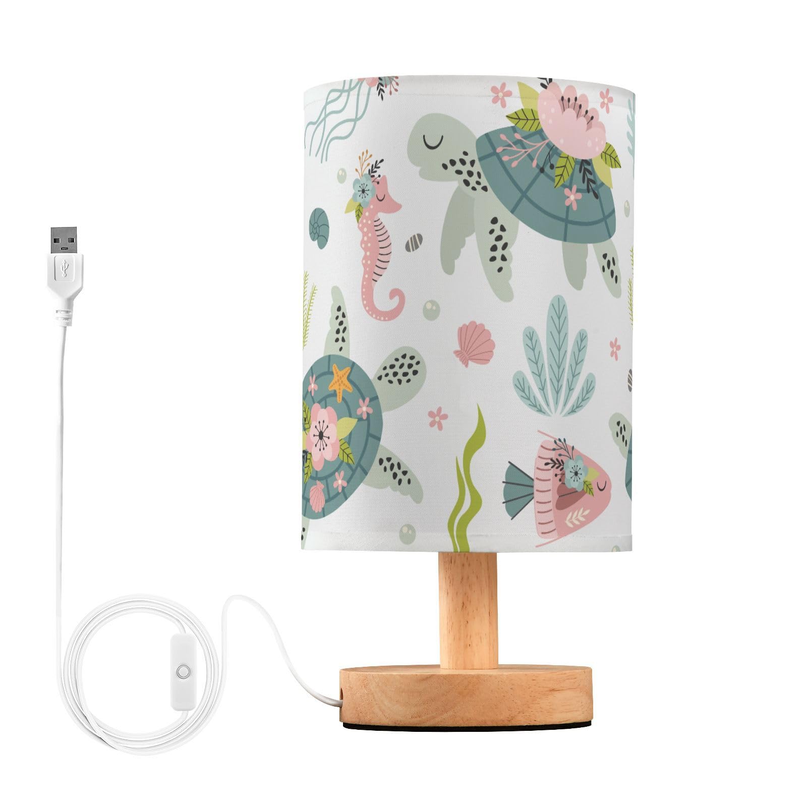 Oarencol Bedside Table Lamp Turtle Sea House Flower Nightstand Lamp with Wood Desk Lamps for Bedroom Living Room Nursery Office 