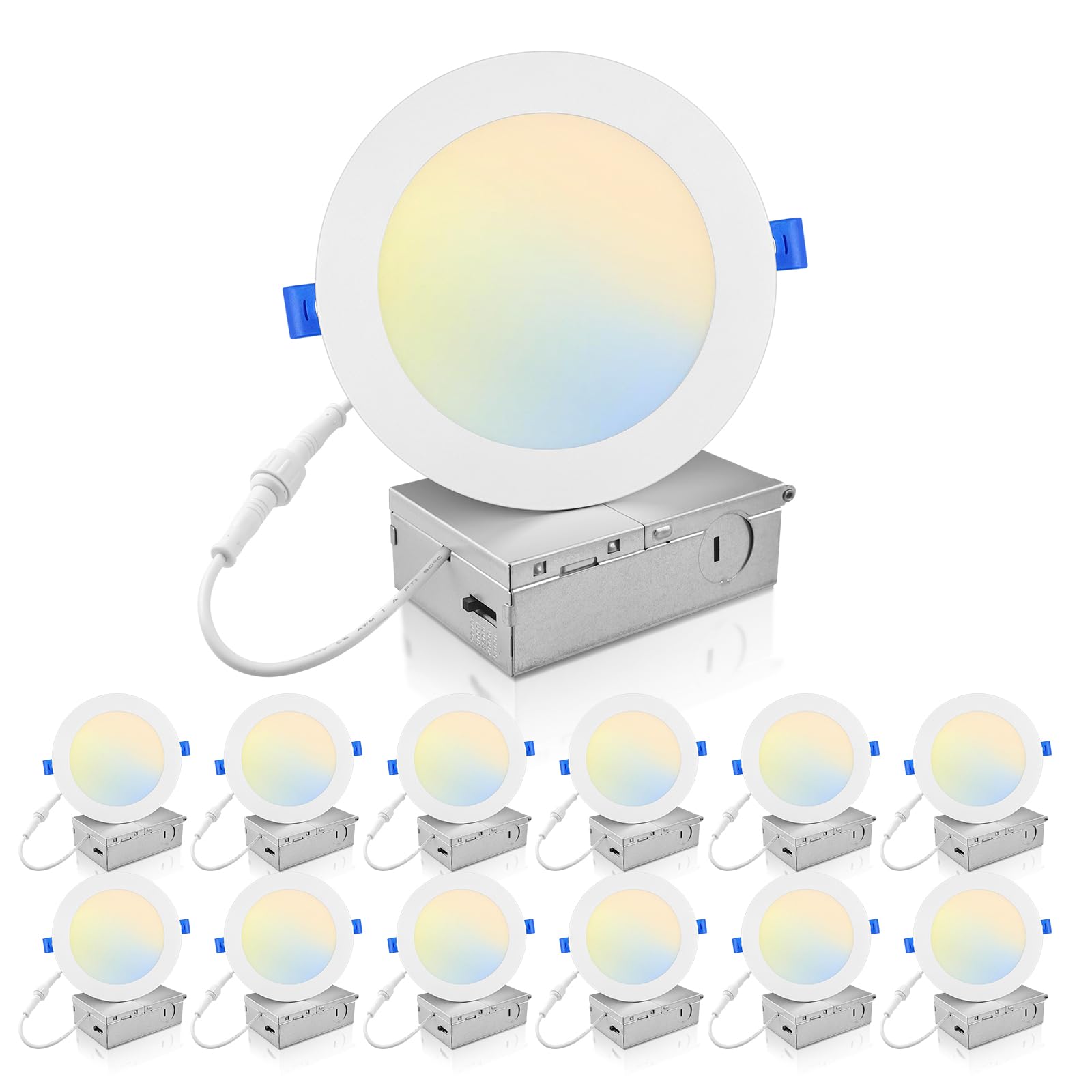 ECOELER 6 Inch 5CCT LED Recessed Ceiling Light with Junction Box, 2700K/3000K/4000K/5000K/6000K Selectable, 12W 1100Lm, Dimmable