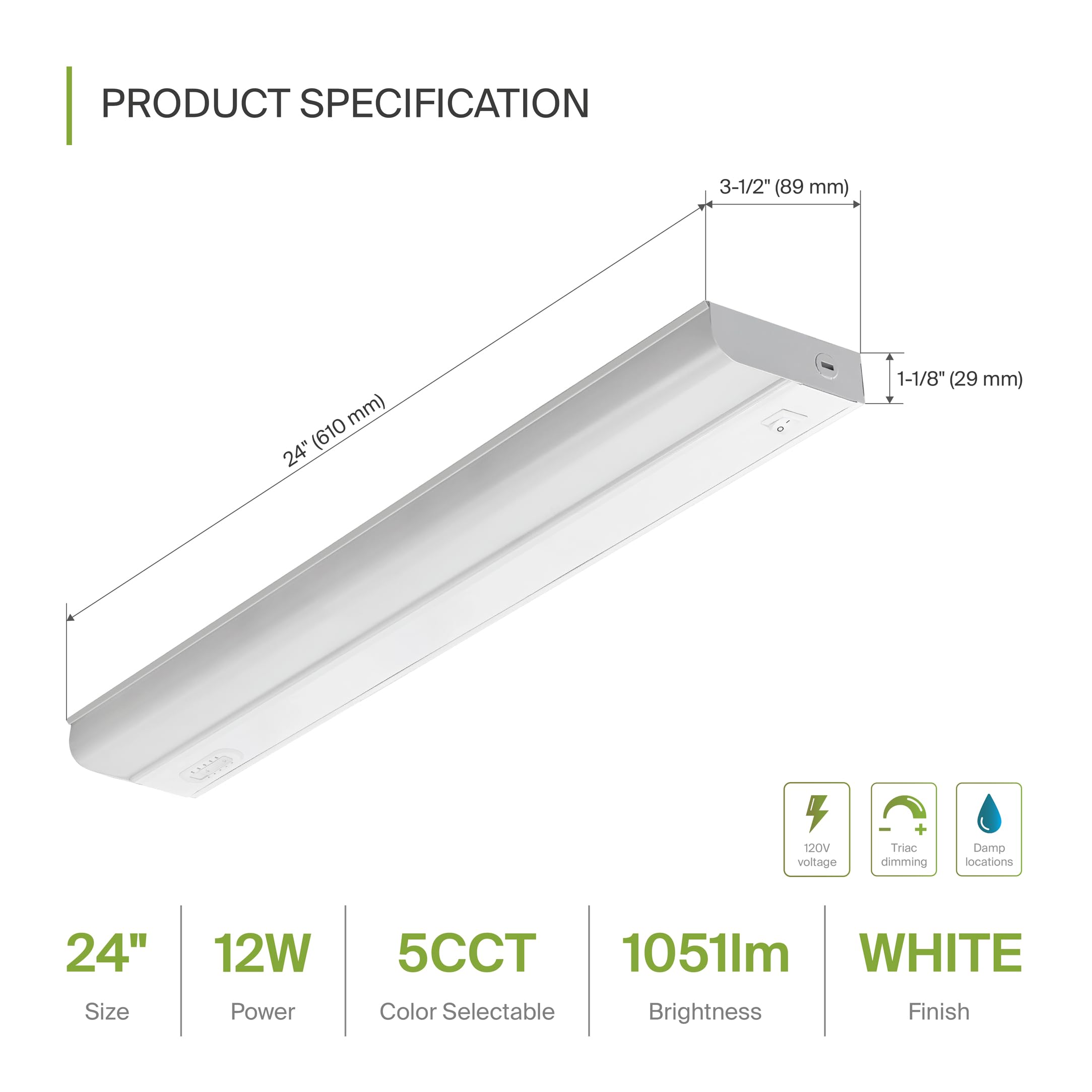 Asd 24 Inch Led Under Cabinet Lighting Hardwired, On/Off & Color Temp Switch, 12W 1051Lm, 5 Cct 2700K-5000K Cri90+, Dimmable Und