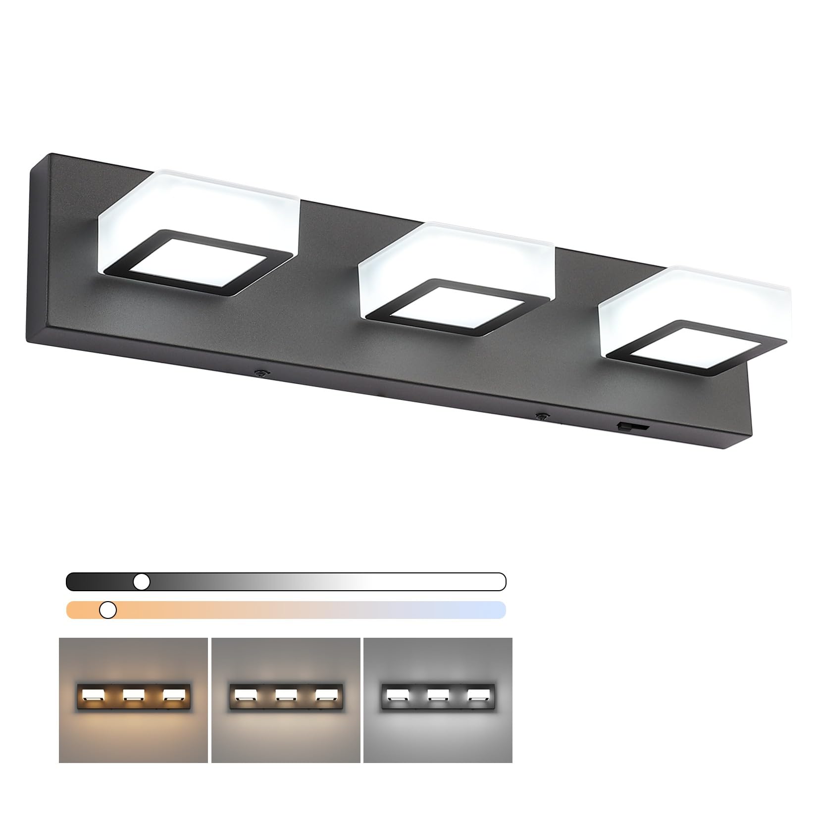 Ralbay Modern LED Bathroom Vanity Lights, 3 Lights, Dimmable, Black, 20 inch, Aluminum, 8590-5 Color Temperature
