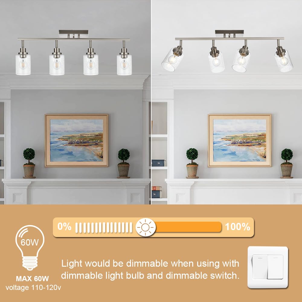 Winshen 4-Light Track Lighting Fixtures, Rotatable Track Head Bathroom Vanity Light Ceiling Spotlight Brushed Nickel, Seeded Gla