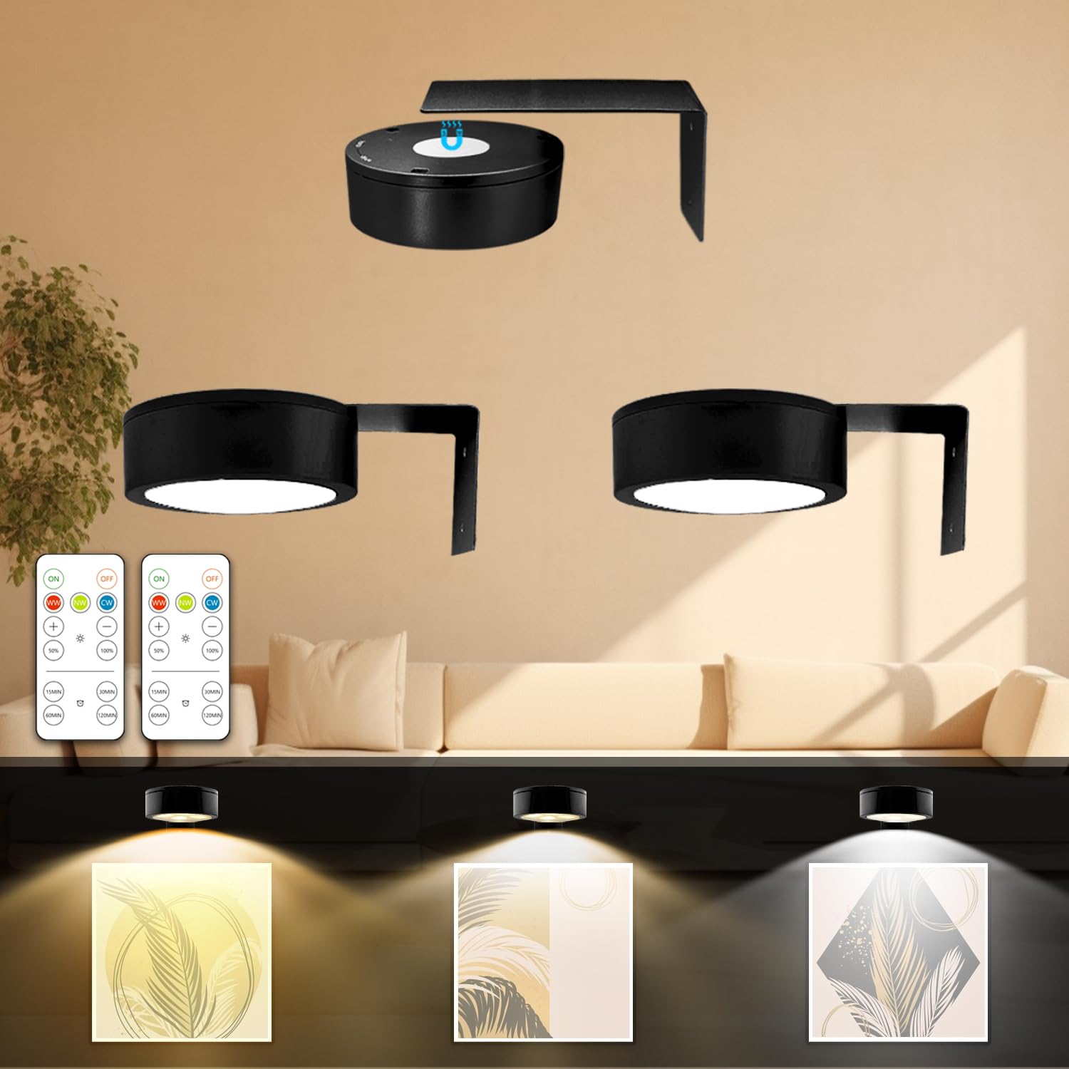 Arixinks 3PACK Picture Light Battery Operated with Remote, Painting Light for Art with 3 Lighting Colors&Dimmable, LED Art Displ