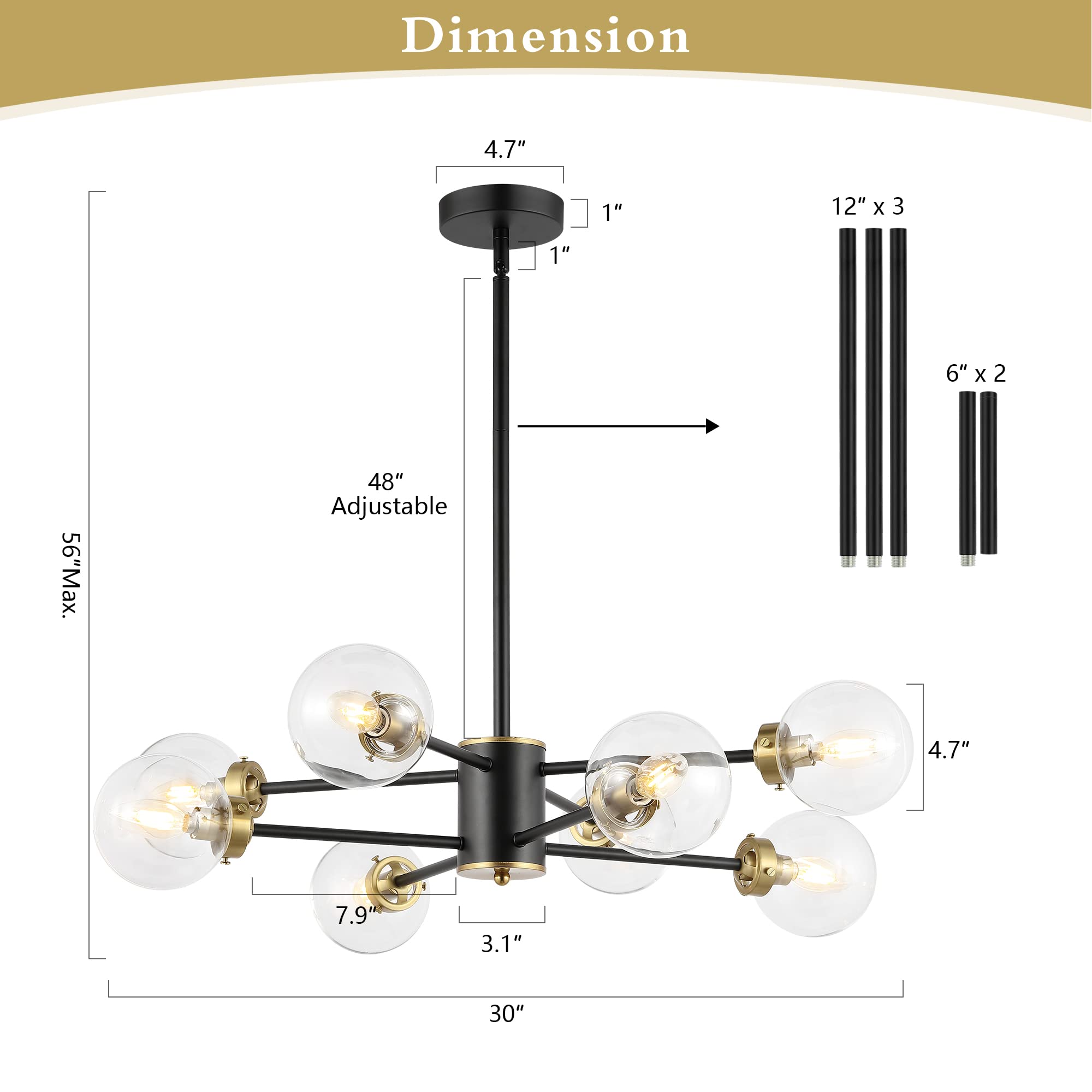 Wingbo 8-Light Sputnik Chandelier, Modern Pendant Light Fixture With 4.7" Clear Glass Globe Shade For Flat And Slop Ceiling, Height Adjustable For Kitchen Living Room Dining Room Bedroom, Black