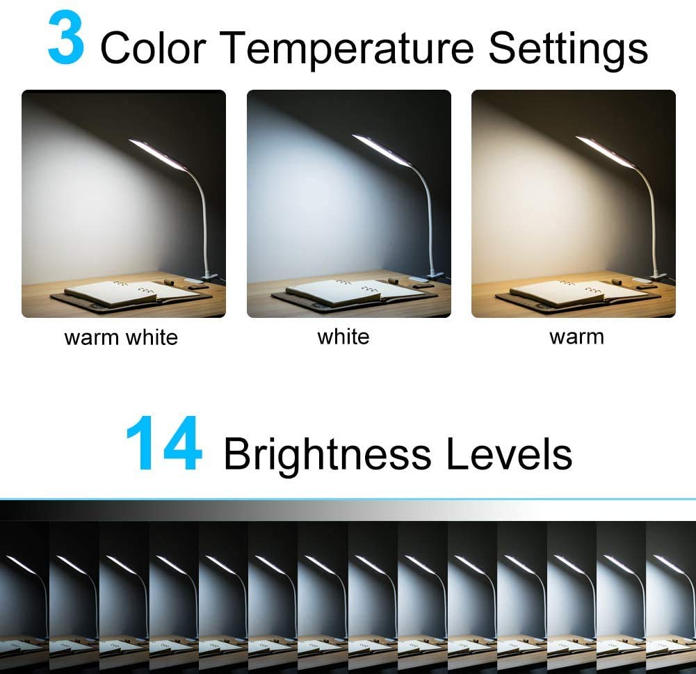Raoyi Led Desk Lamp, 5W Usb Clip Light, 48 Leds, 3 Modes, 14 Brightness Levels,