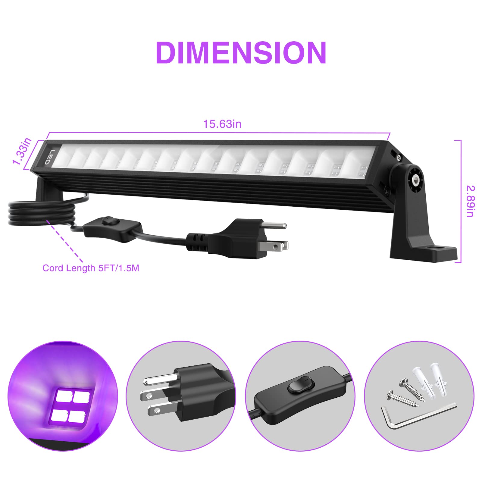 Lamvip 36W Led Black Light Bar, Blacklight Bars Black Lights With Plug 5Ft Cord 60 Led Beads And Switch For Glow Party Halloween Party Bedroom Decorations Stage Lighting 3 Packs