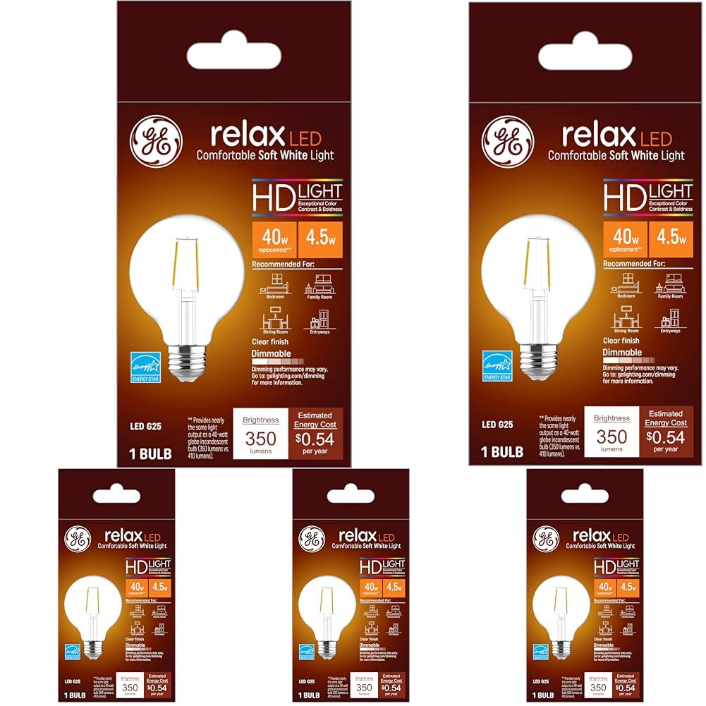 GE Relax LED Light Bulb, 40 Watt, Soft White, G25 Globe Bulb, Clear, Medium Base (5 Pack)