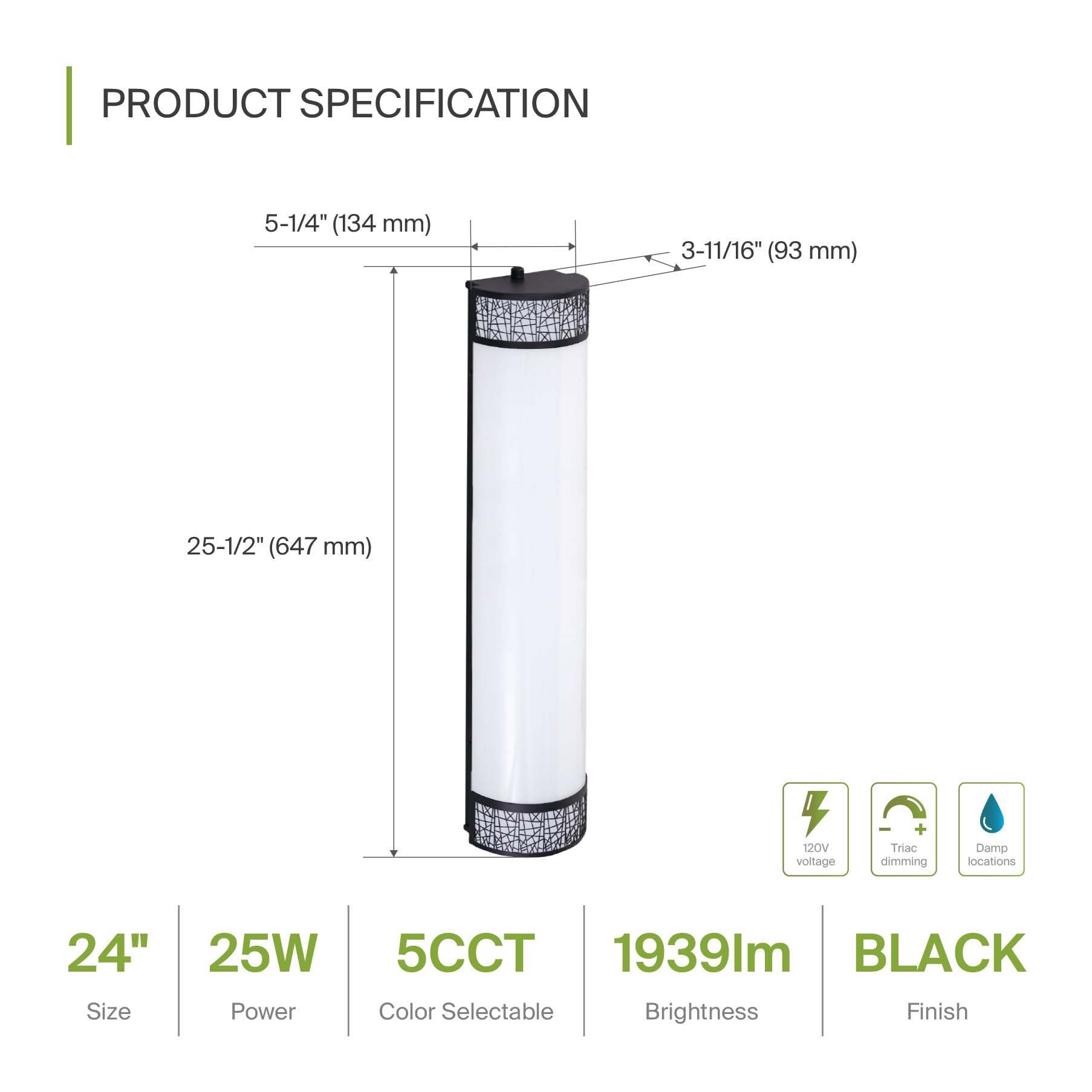 ASD 24 Inch LED Bathroom Vanity Light - Dimmable 25W 2700K-5000K - Matte Black - 4 Pack - Steel & Acrylic