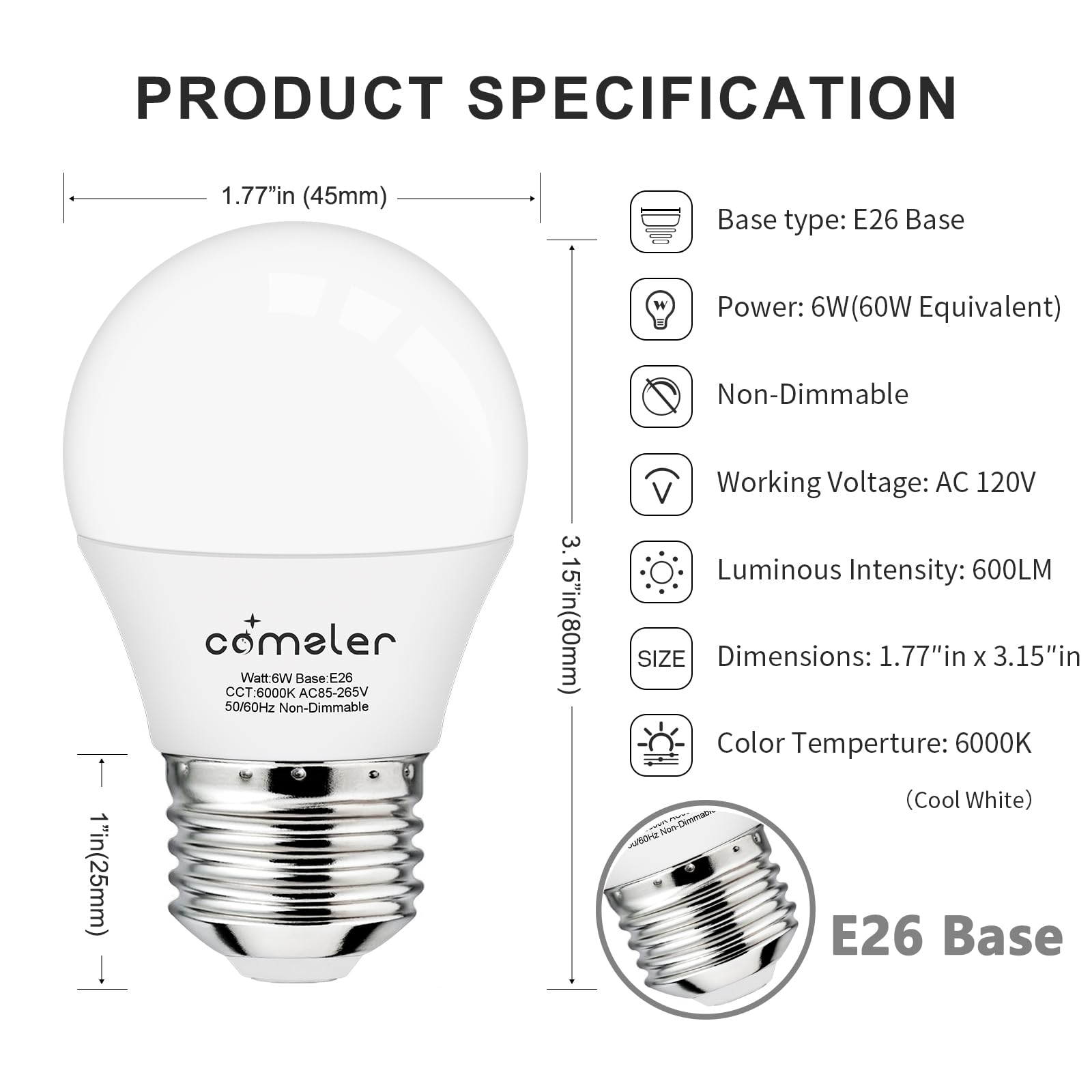 Comzler E26 Base 8 Pack Light Bulbs, 6000K Cool Bright Daylight A15 Light Bulbs, 60 Watt Equivalent120V Energy Saving Refrigerat