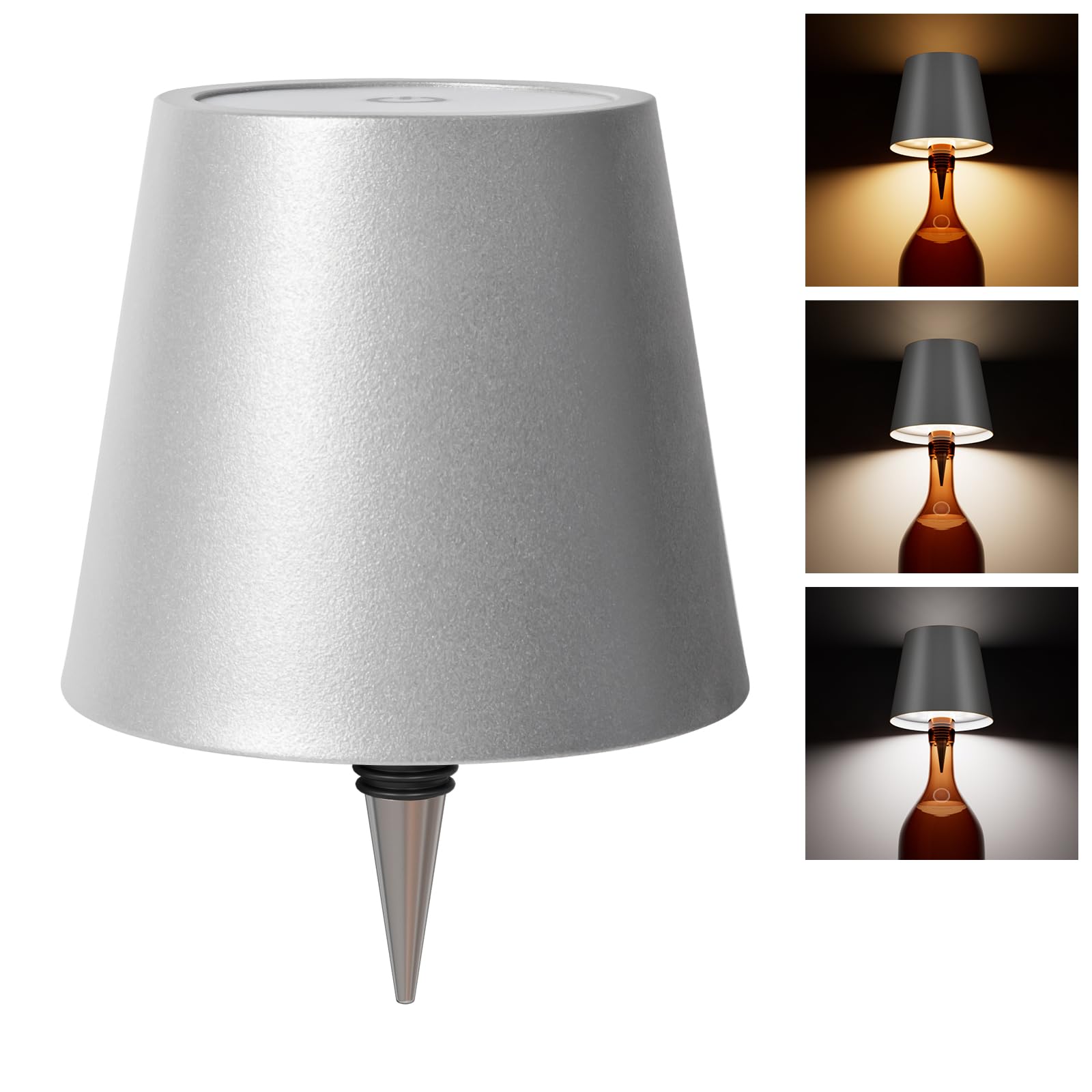 WOKWOYIO Wireless Bottle Lamp, Rechargeable LED Desk Lamp, 3 Color Temperatures, Silver